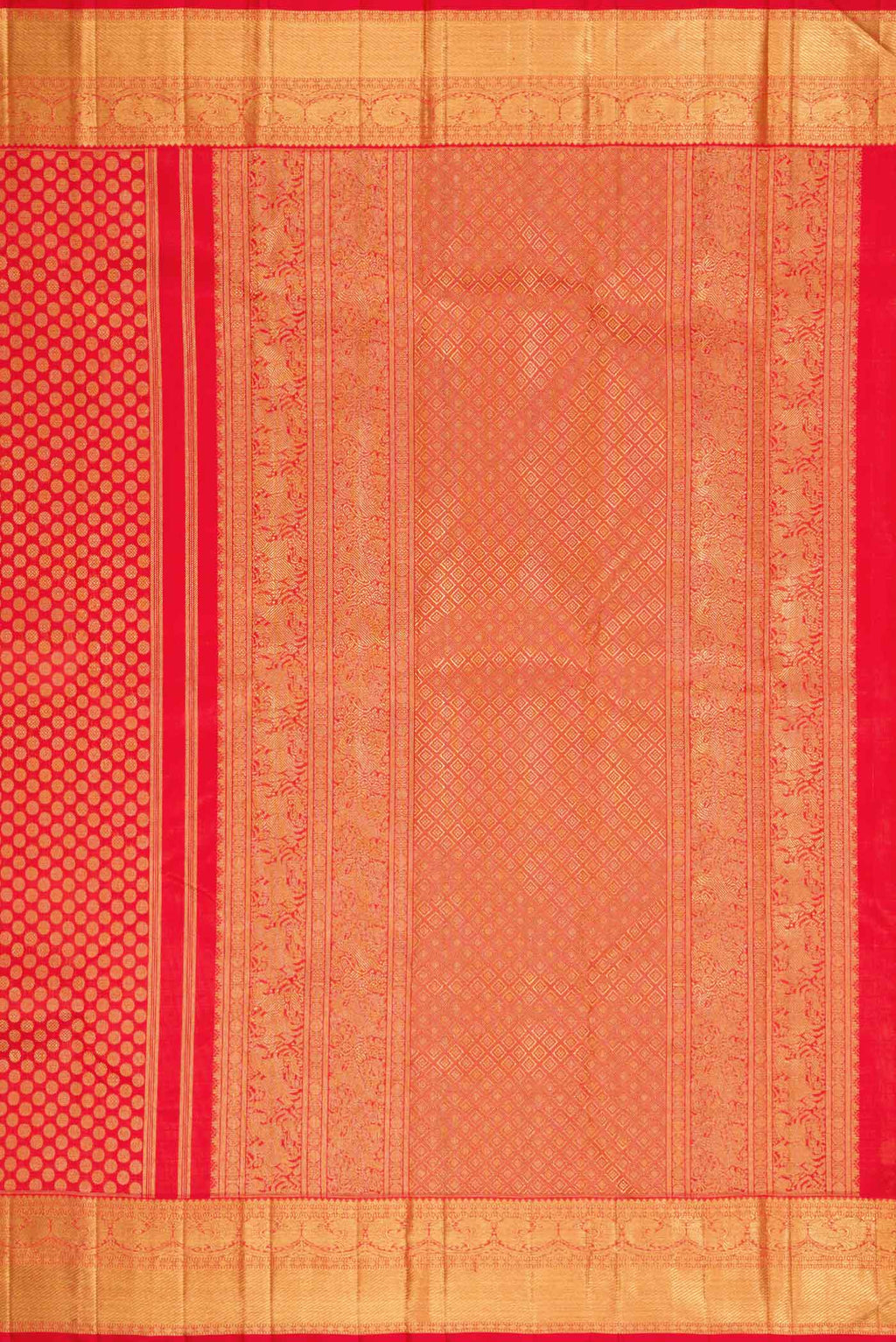 Close up image of the pallu of Pure Silk Pure Zari Red Dual Tone Kanchipuram Saree with Zari Brocade on the body and Zari Border