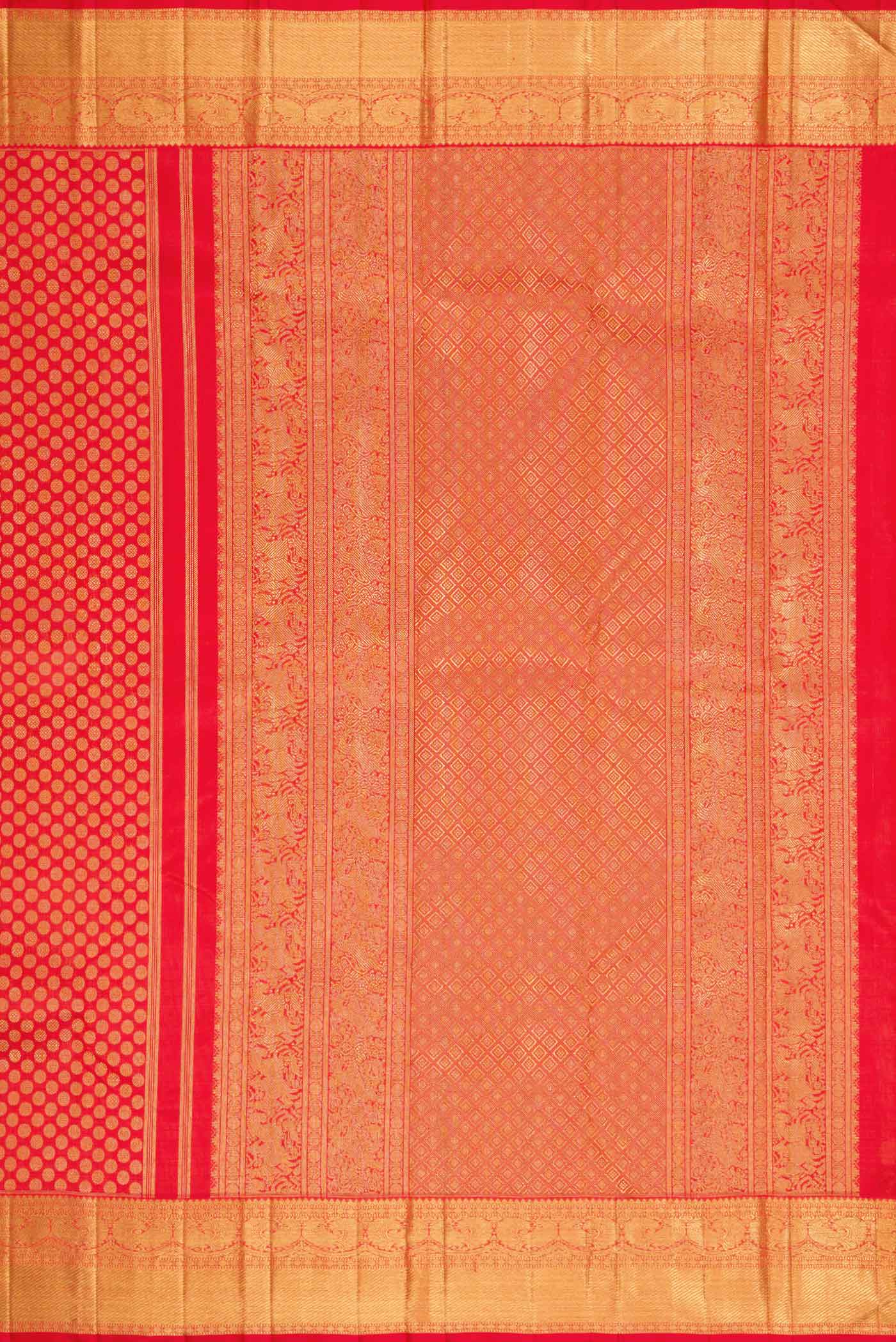 Close up image of the pallu of Pure Silk Pure Zari Red Dual Tone Kanchipuram Saree with Zari Brocade on the body and Zari Border