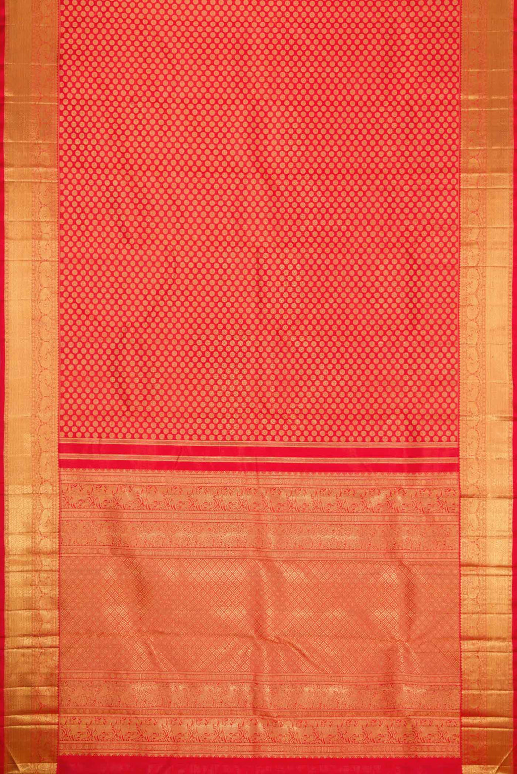Flat view of Pure Silk Pure Zari Red Dual Tone Kanchipuram Saree with Zari Brocade on the body and Zari Border
