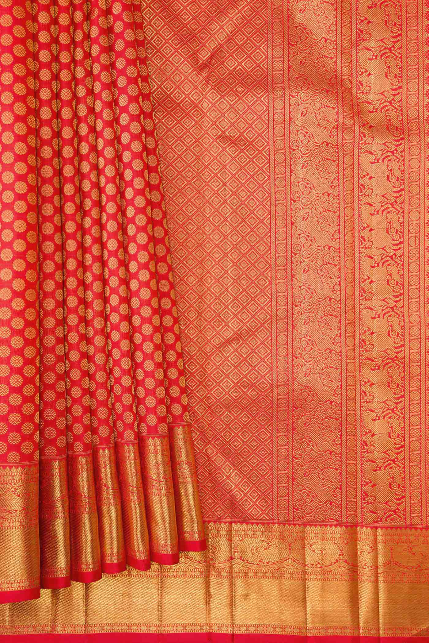 Pleats and pallu of Pure Silk Pure Zari Red Dual Tone Kanchipuram Saree with Zari Brocade on the body and Zari Border
