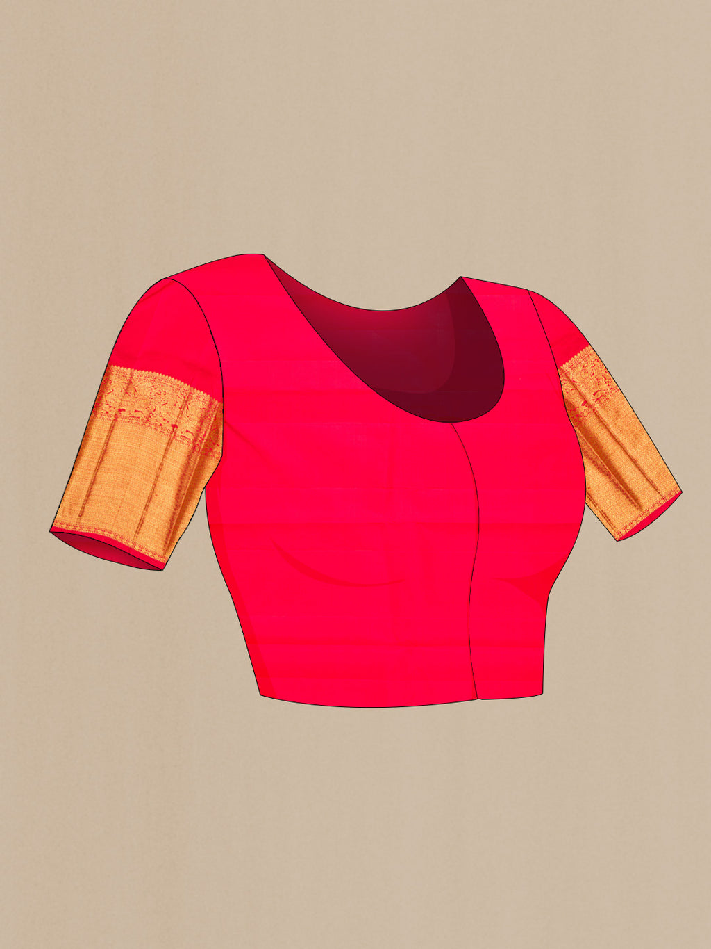 Close up image of the blouse of Pure Silk Pure Zari Red Dual Tone Kanchipuram Saree with Zari Brocade on the body and Zari Border