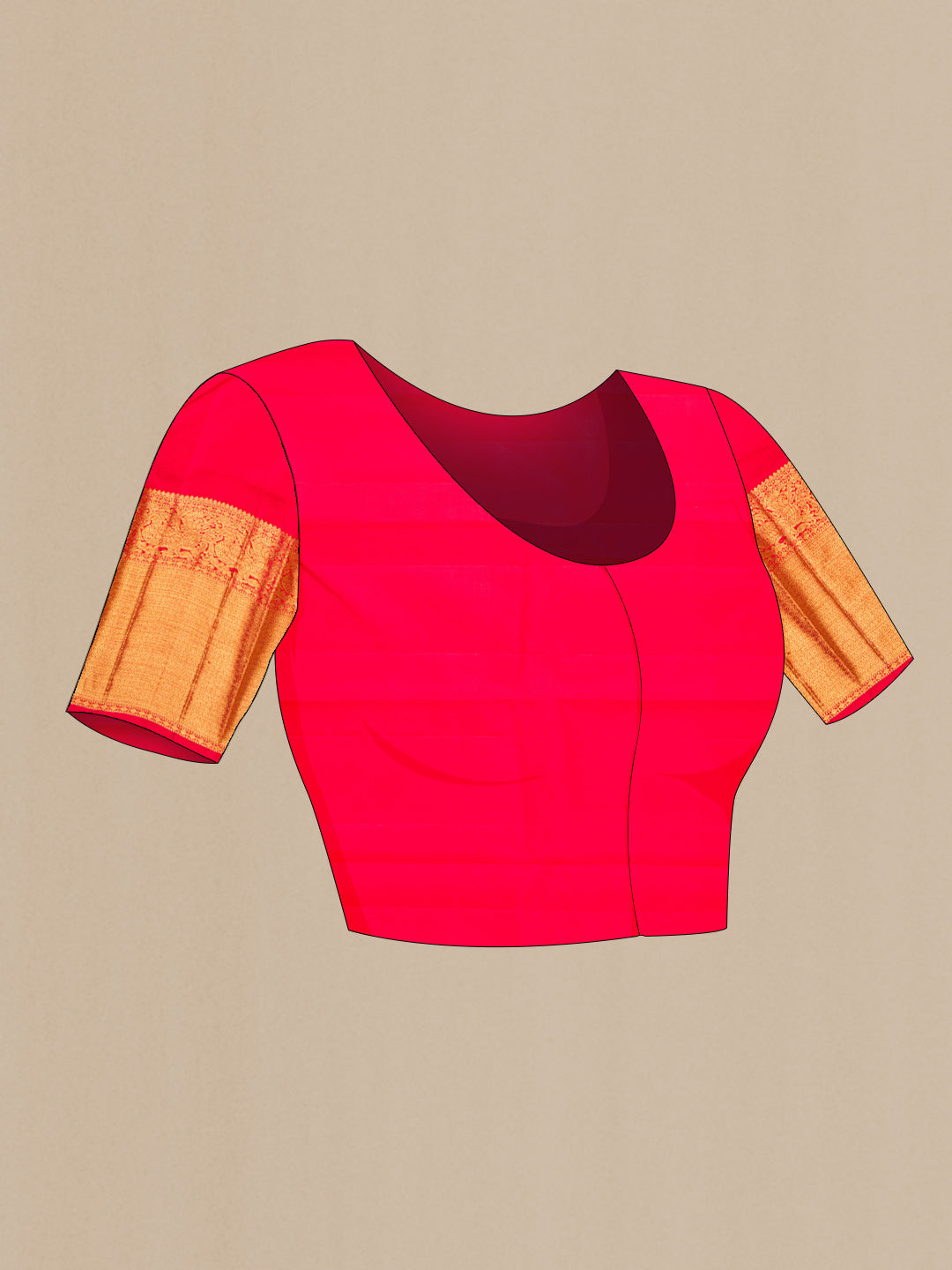 Close up image of the blouse of Pure Silk Pure Zari Red Dual Tone Kanchipuram Saree with Zari Brocade on the body and Zari Border