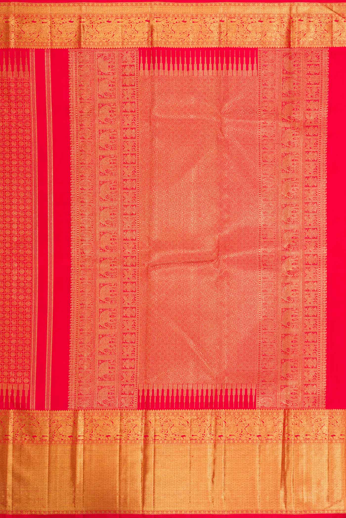 Close up image of the pallu of Pure Silk Pure Zari Red Dual Tone Kanchipuram Saree with Zari Brocade on the body and Zari Border