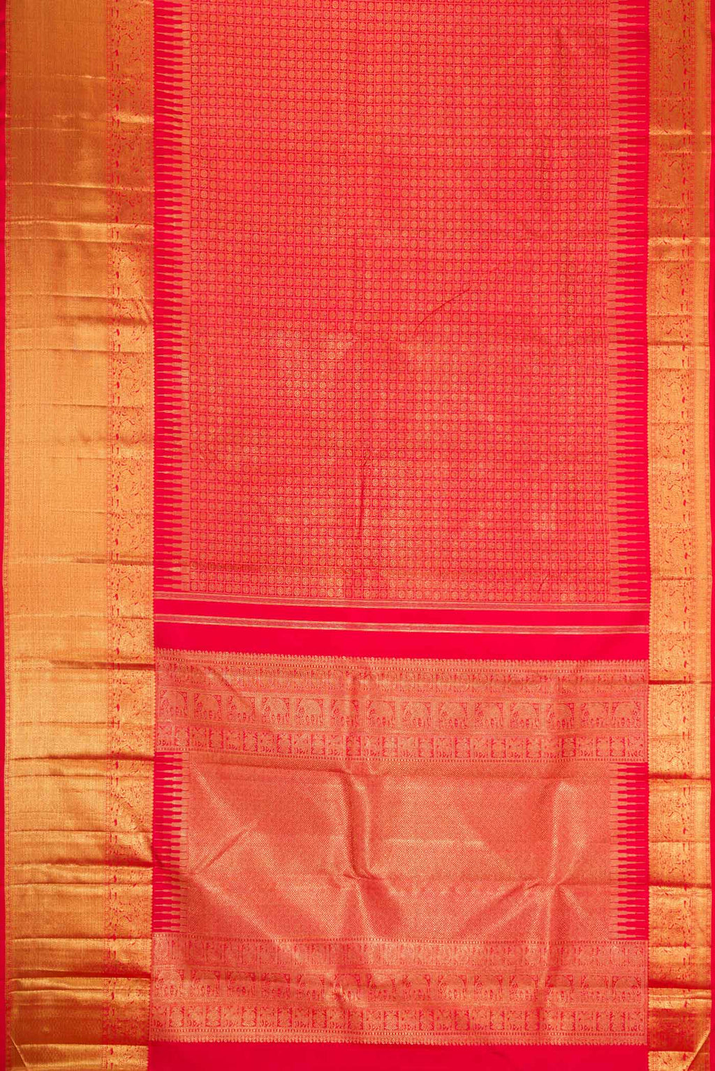 Flat view of Pure Silk Pure Zari Red Dual Tone Kanchipuram Saree with Zari Brocade on the body and Zari Border