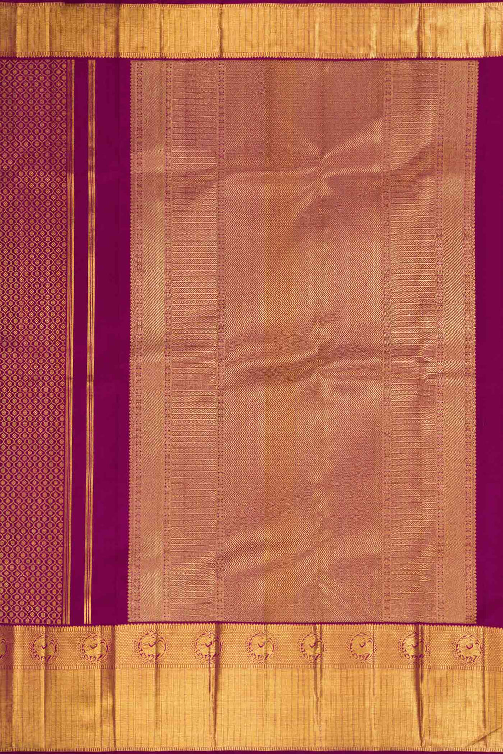 Close up image of the pallu of Pure Silk Pure Zari Purple Dual Tone Kanjivaram Tissue Saree with Zari Brocade on the body and Zari Border. 