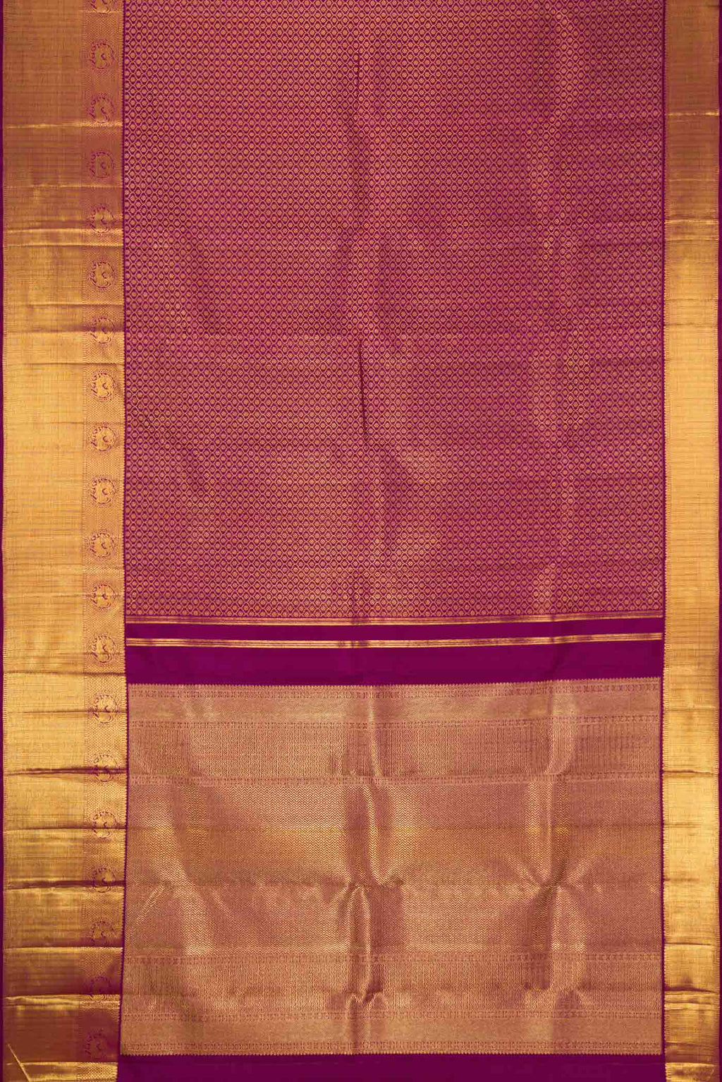 Flat view of Pure Silk Pure Zari Purple Dual Tone Kanjivaram Tissue Saree with Zari Brocade on the body and Zari Border. 