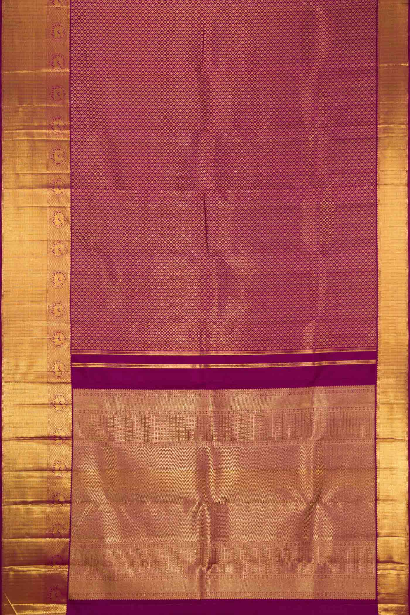 Flat view of Pure Silk Pure Zari Purple Dual Tone Kanjivaram Tissue Saree with Zari Brocade on the body and Zari Border. 