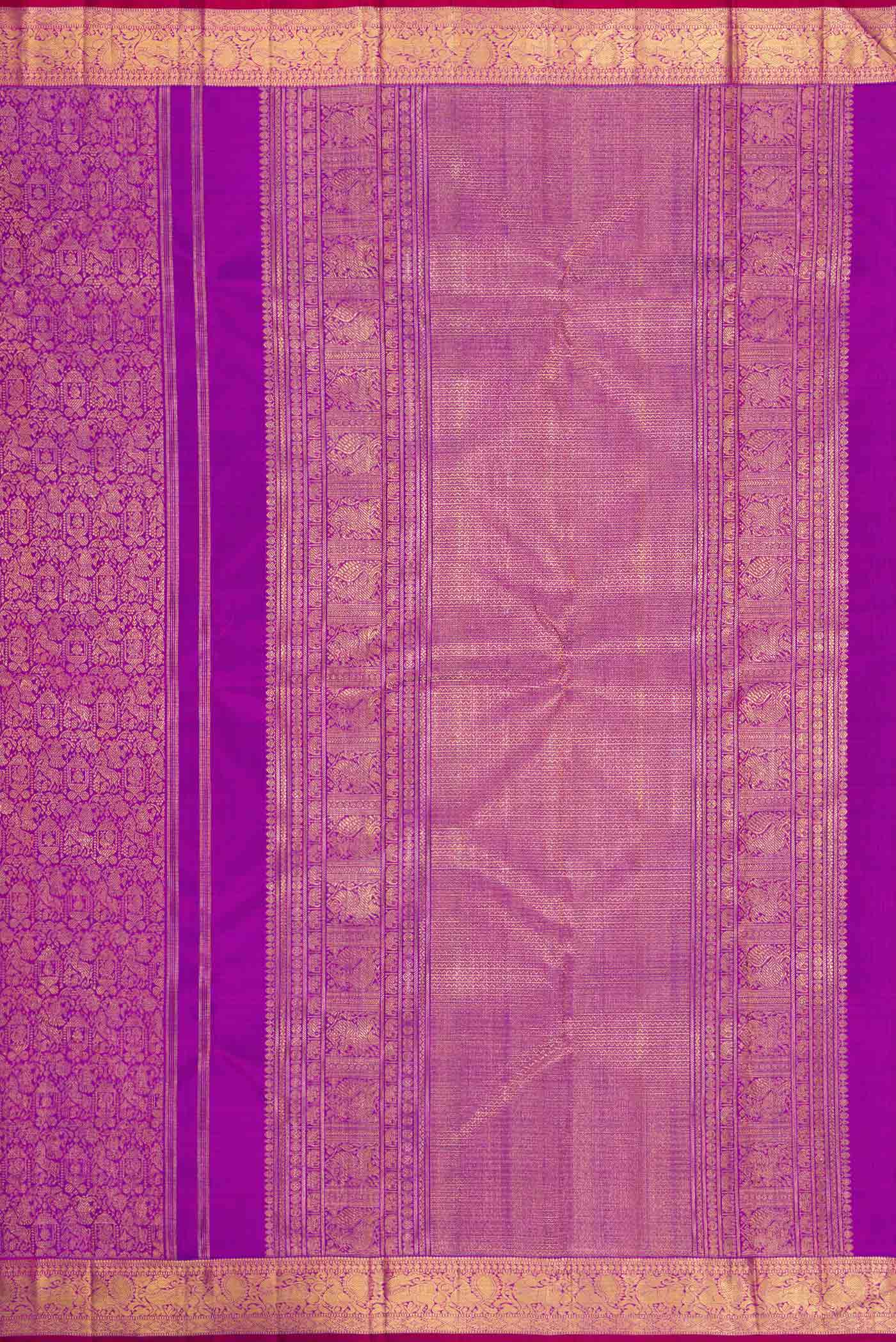 Close up image of the pallu of Pure Silk Pure Zari Purple Kanchipuram Saree with Zari Brocade on the body and Zari Border