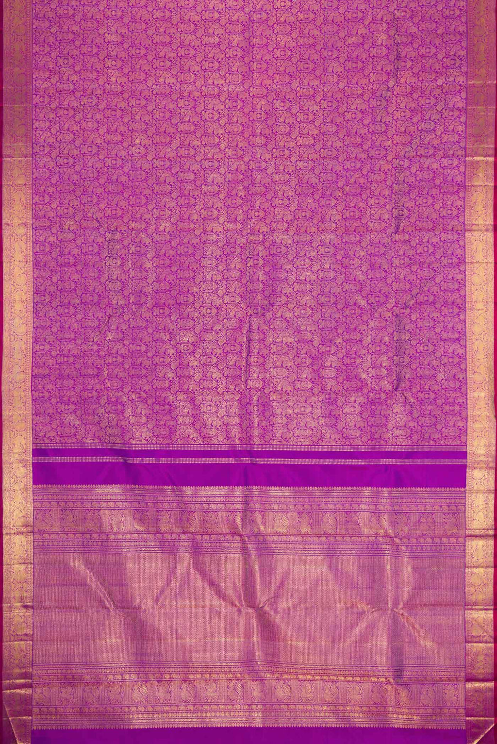 Flat view of Pure Silk Pure Zari Purple Kanchipuram Saree with Zari Brocade on the body and Zari Border