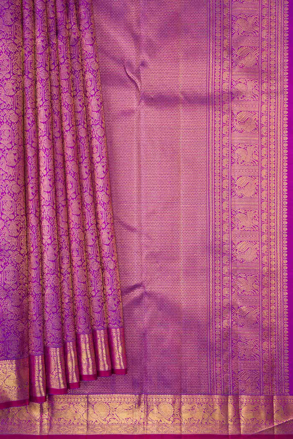 Pleats and pallu of Pure Silk Pure Zari Purple Kanchipuram Saree with Zari Brocade on the body and Zari Border