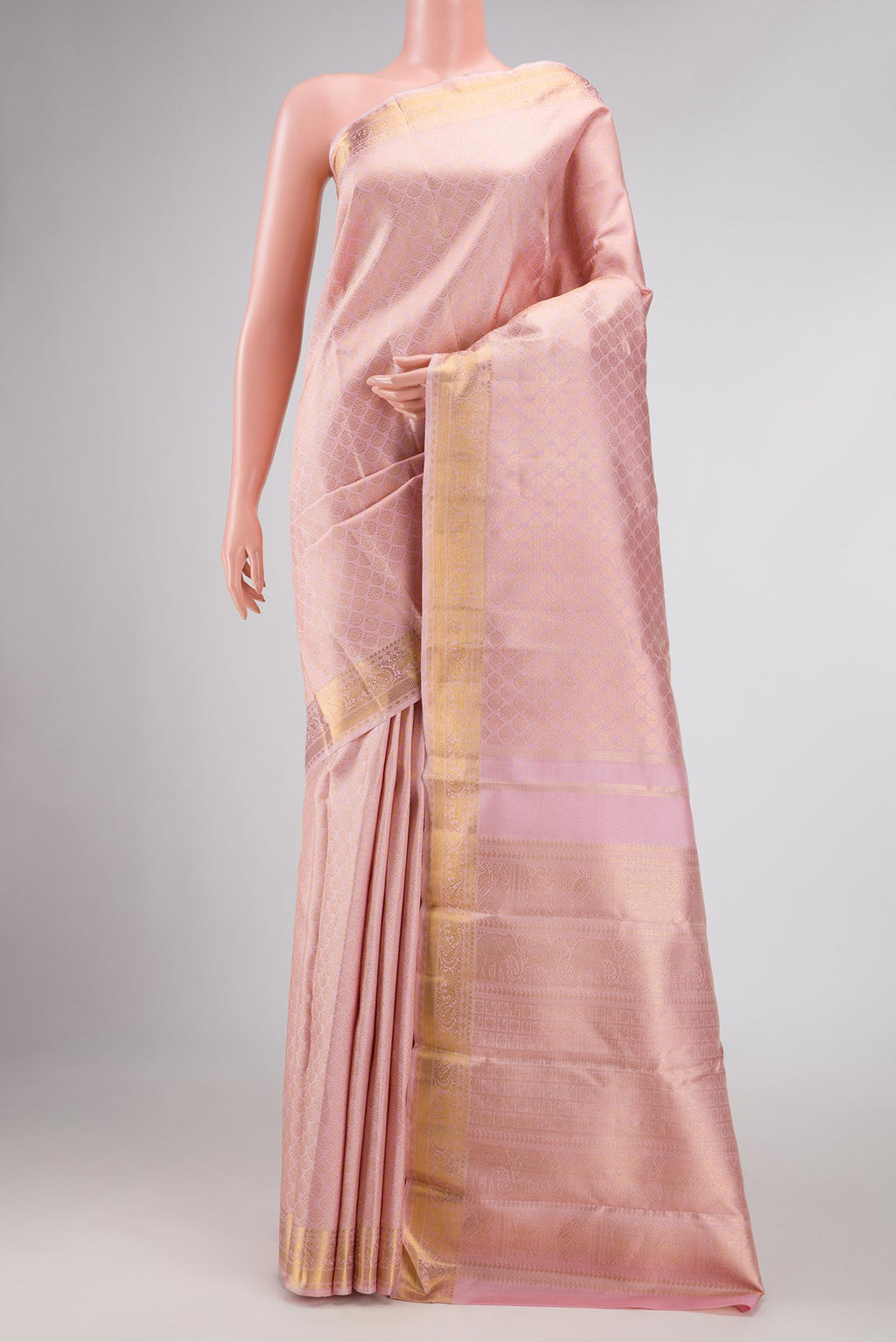Pure Silk Pure Zari Pink Dual Tone Kanchipuram Saree with Zari Brocade on the body and Zari Border displayed on a mannequin