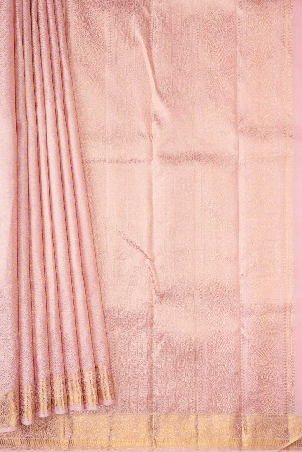 Pleats and pallu of Pure Silk Pure Zari Pink Dual Tone Kanchipuram Saree with Zari Brocade on the body and Zari Border