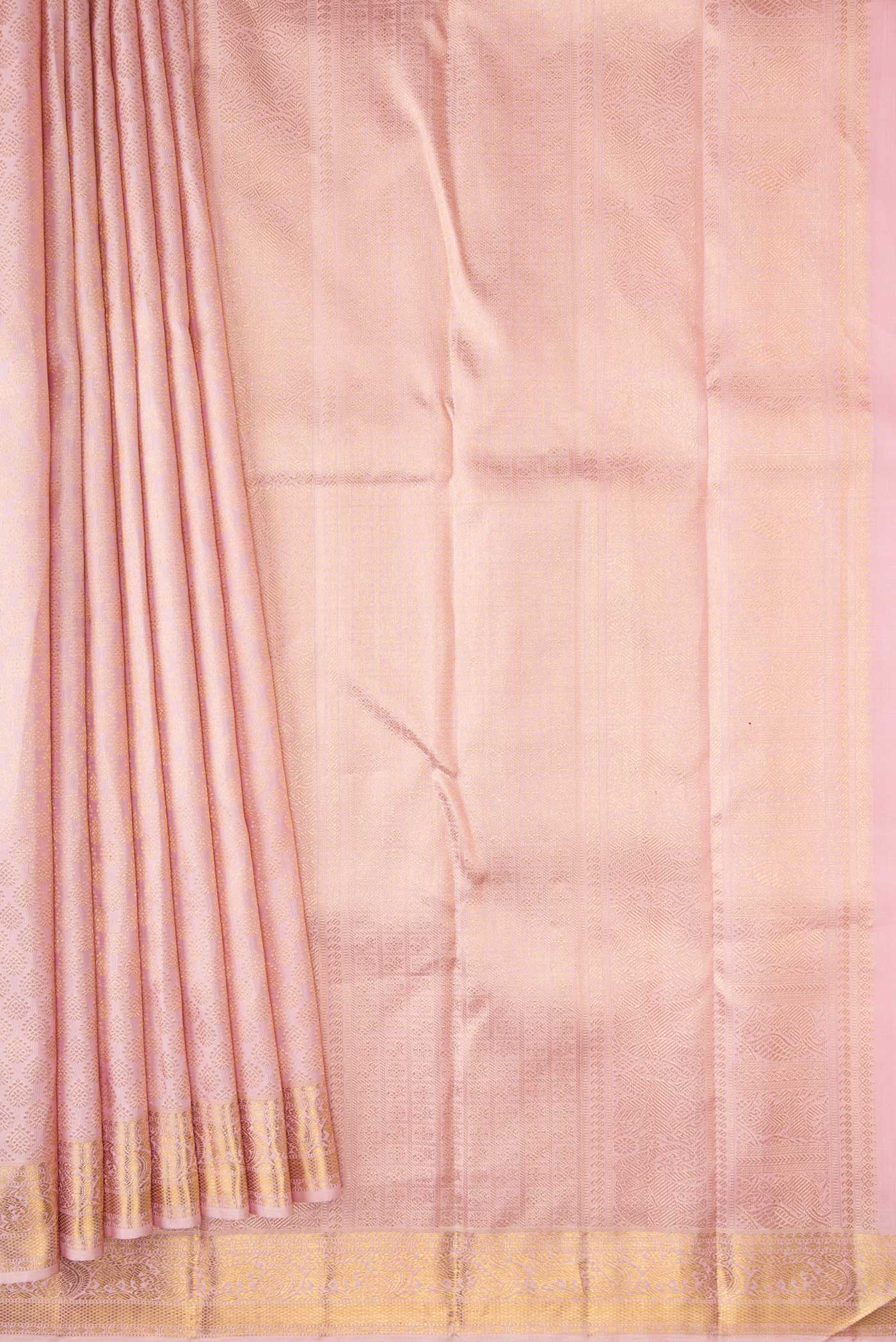 Pleats and pallu of Pure Silk Pure Zari Pink Dual Tone Kanchipuram Saree with Zari Brocade on the body and Zari Border