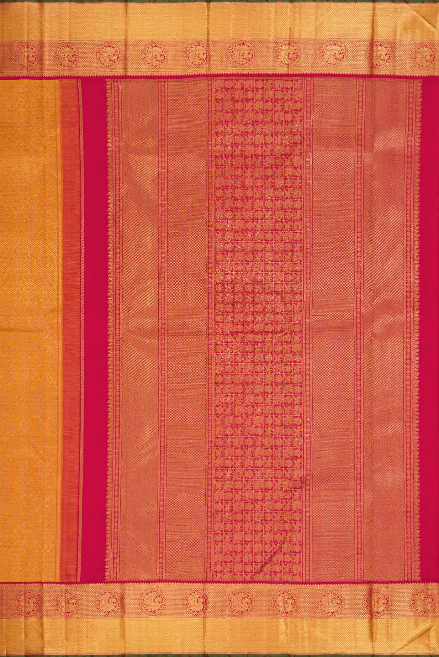 Close up image of the pallu of Pure Silk Pure Zari Mustard Dual Tone Kanchipuram Saree with Zari Brocade on the body and Zari Border