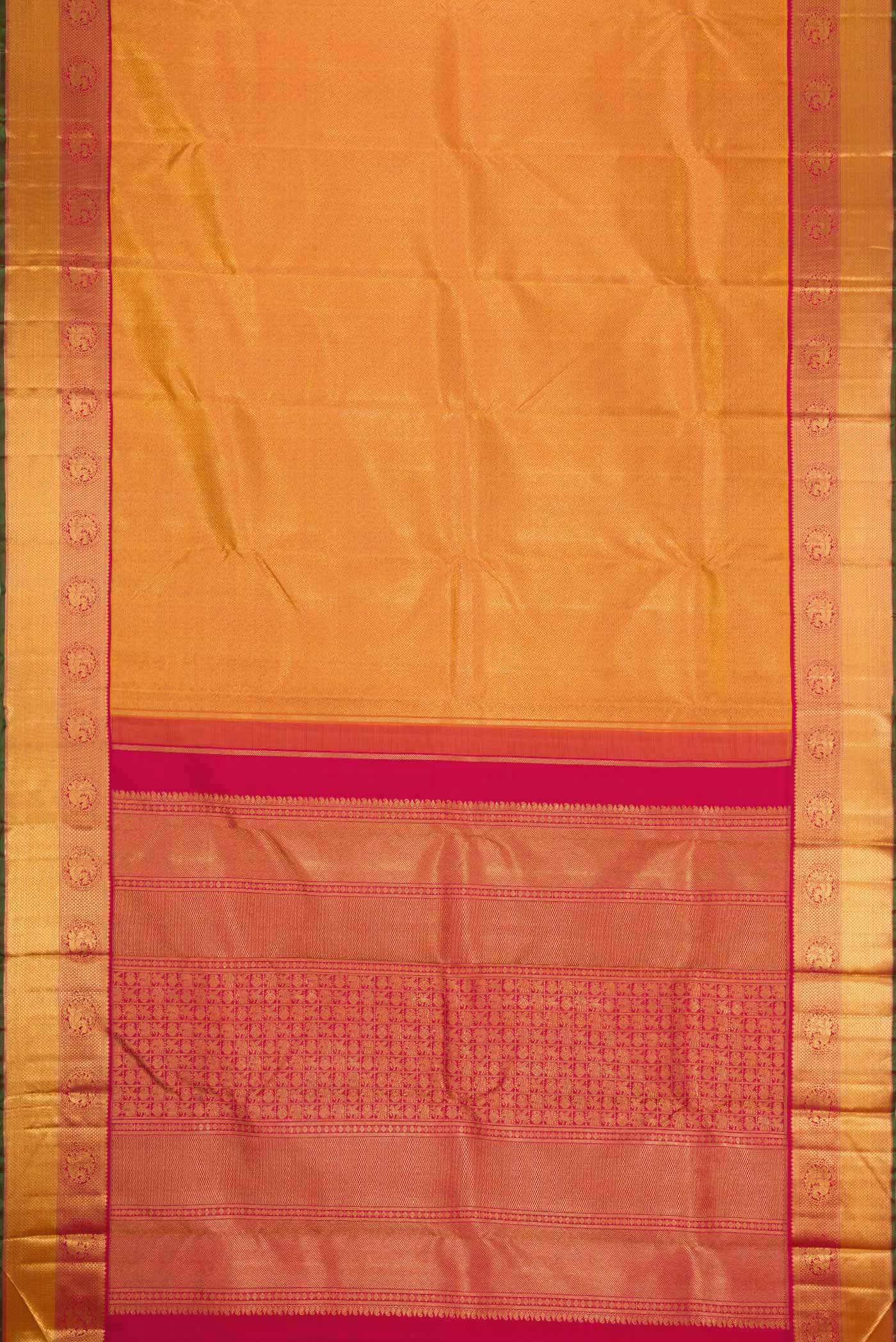 Flat view of Pure Silk Pure Zari Mustard Dual Tone Kanchipuram Saree with Zari Brocade on the body and Zari Border