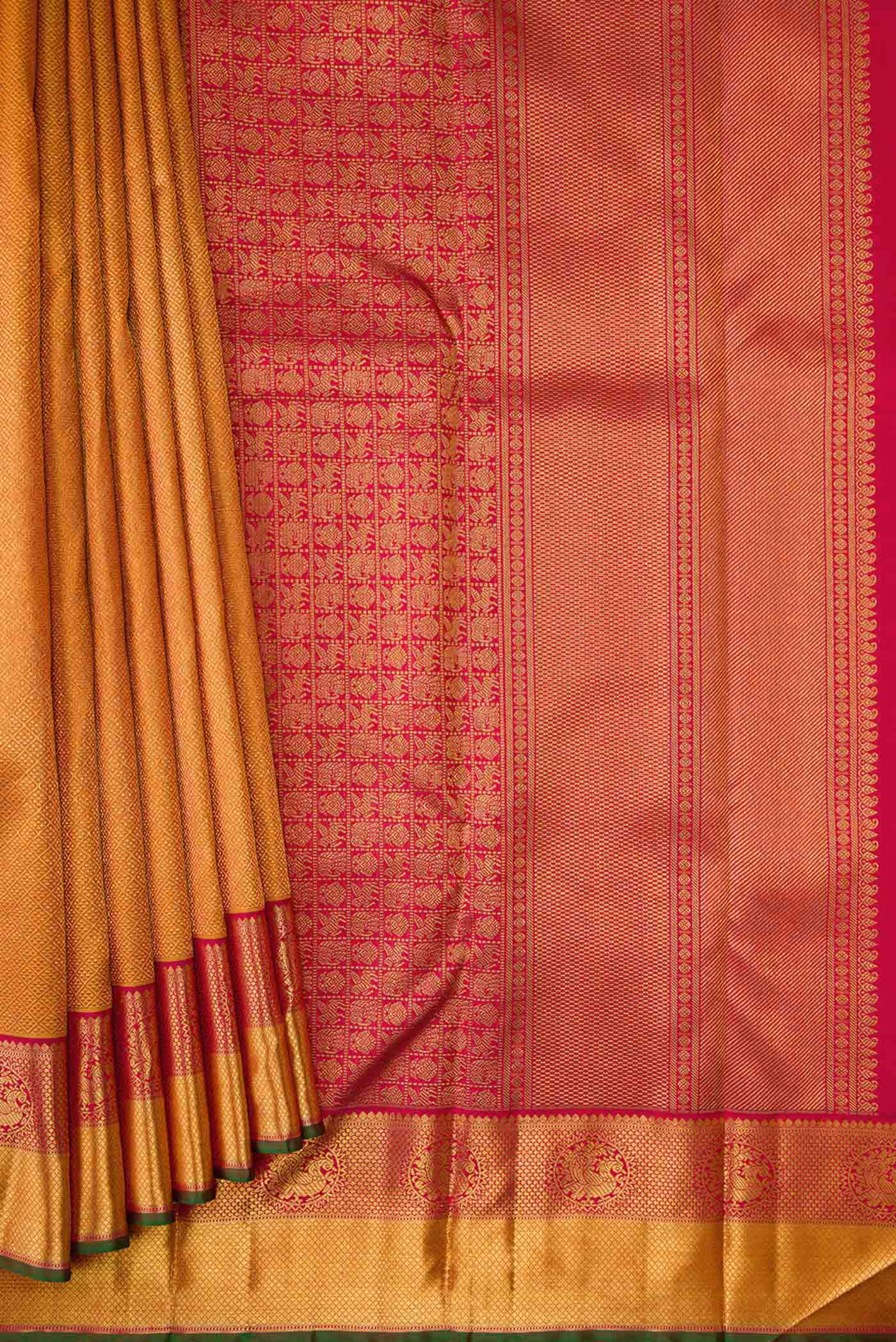 Pleats and pallu of Pure Silk Pure Zari Mustard Dual Tone Kanchipuram Saree with Zari Brocade on the body and Zari Border