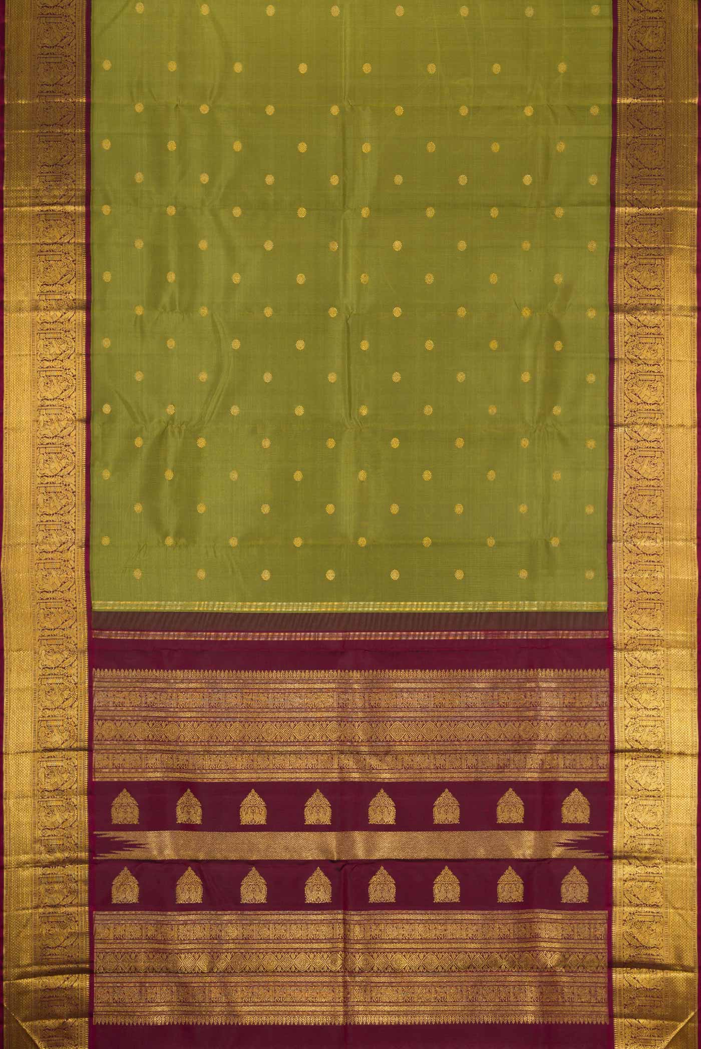 Flat view of Pure Silk Pure Zari Mehandi Green Dual Tone Kanjivaram Saree with Zari Butta on the body and Zari Border. 