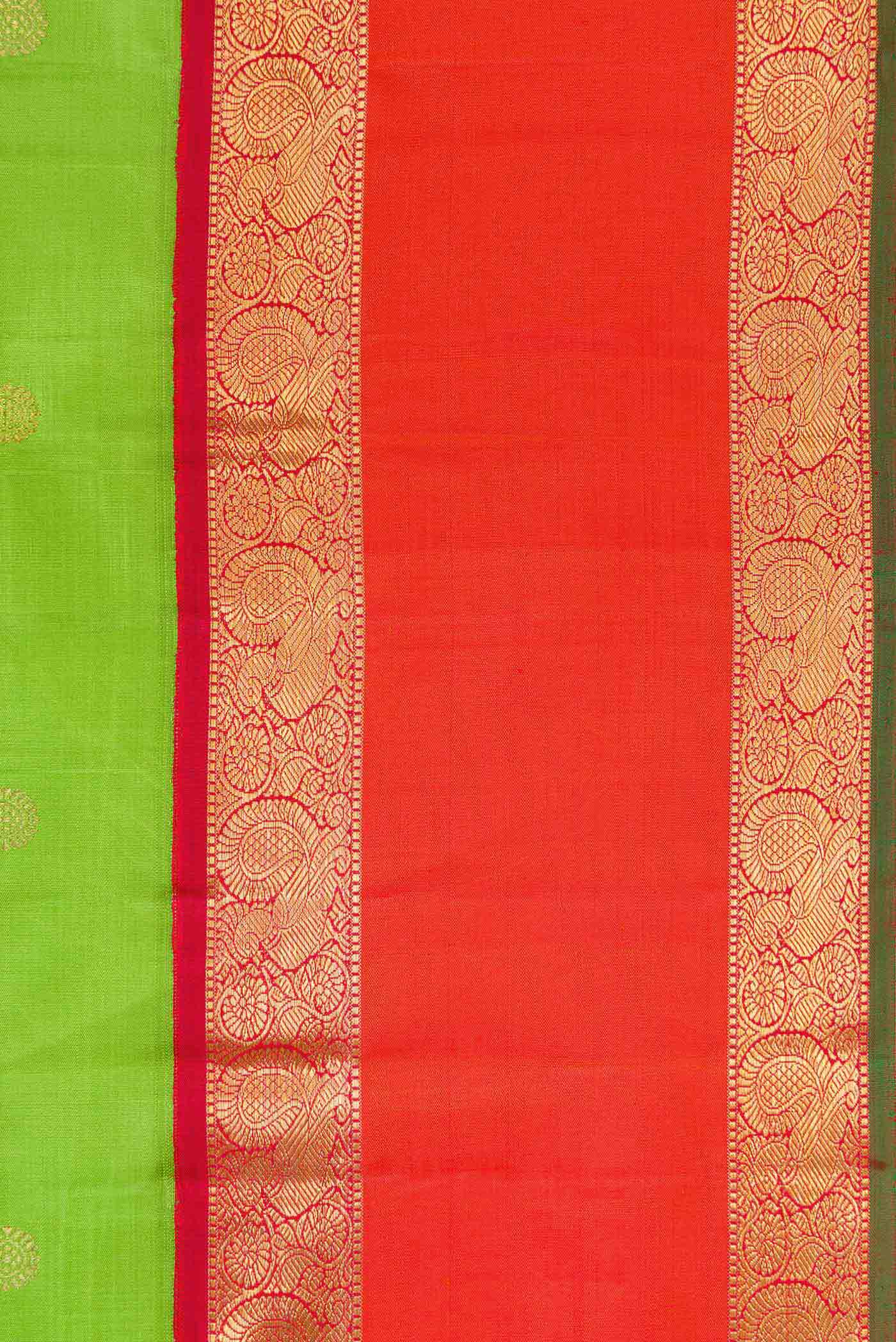 Border image of Pure Silk Pure Zari Parrot Green Dual Tone Kanjivaram Saree with Zari Butta on the body and Zari Border. 