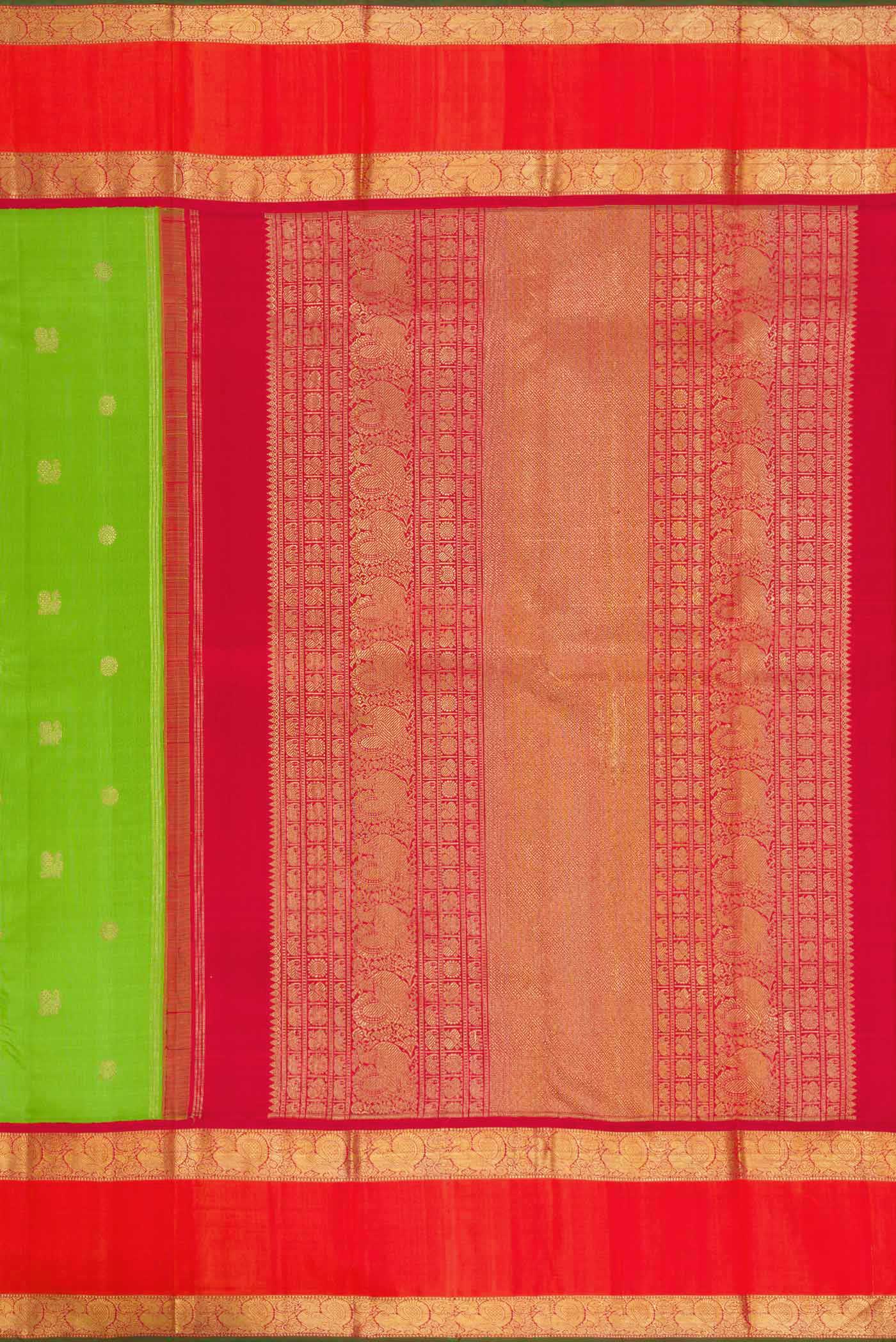 Close up image of the pallu of Pure Silk Pure Zari Parrot Green Dual Tone Kanjivaram Saree with Zari Butta on the body and Zari Border. 