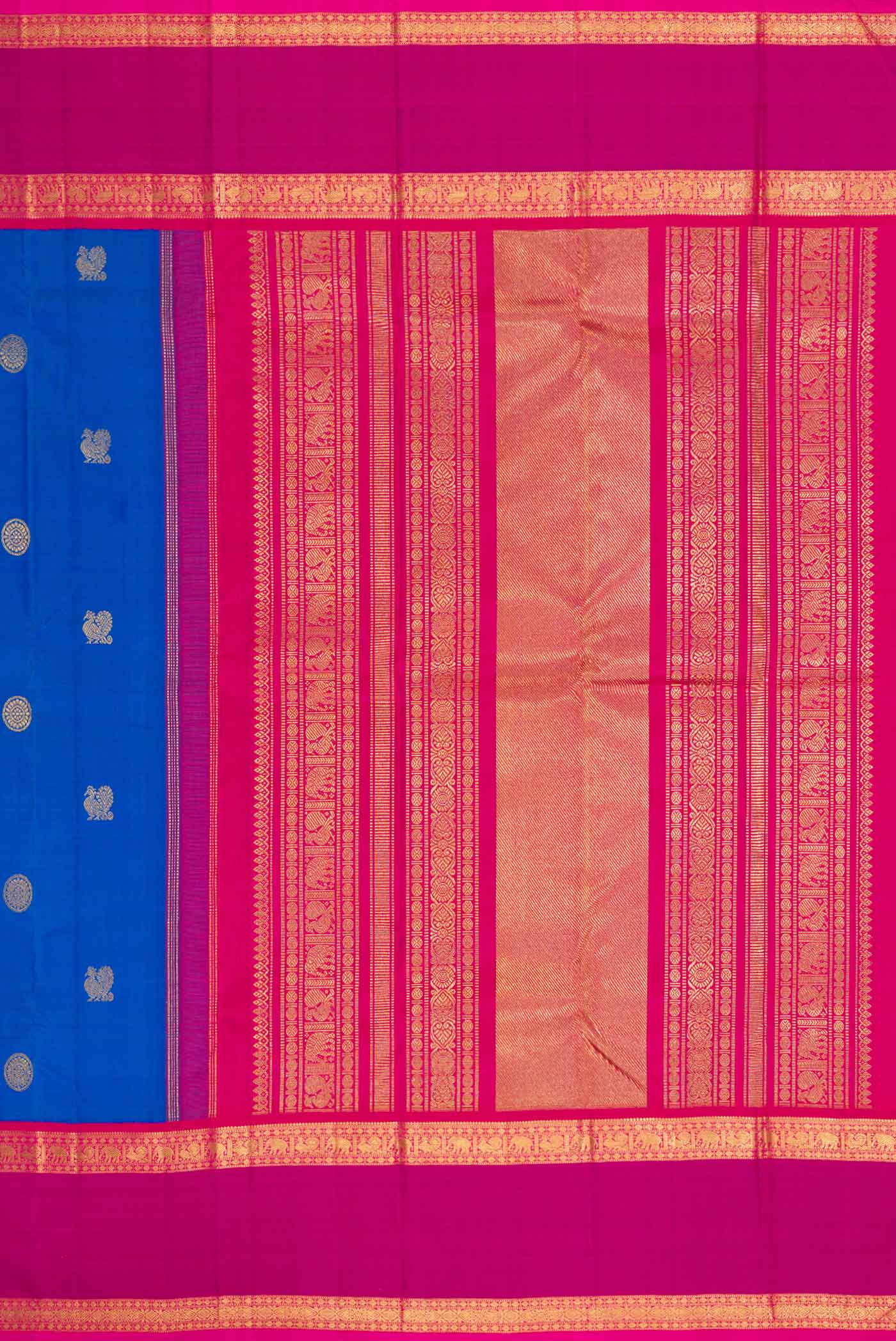 Close up image of the pallu of Pure Silk Pure Zari Royal Blue Dual Tone Kanjivaram Saree with Zari Butta on the body and Zari Border. 