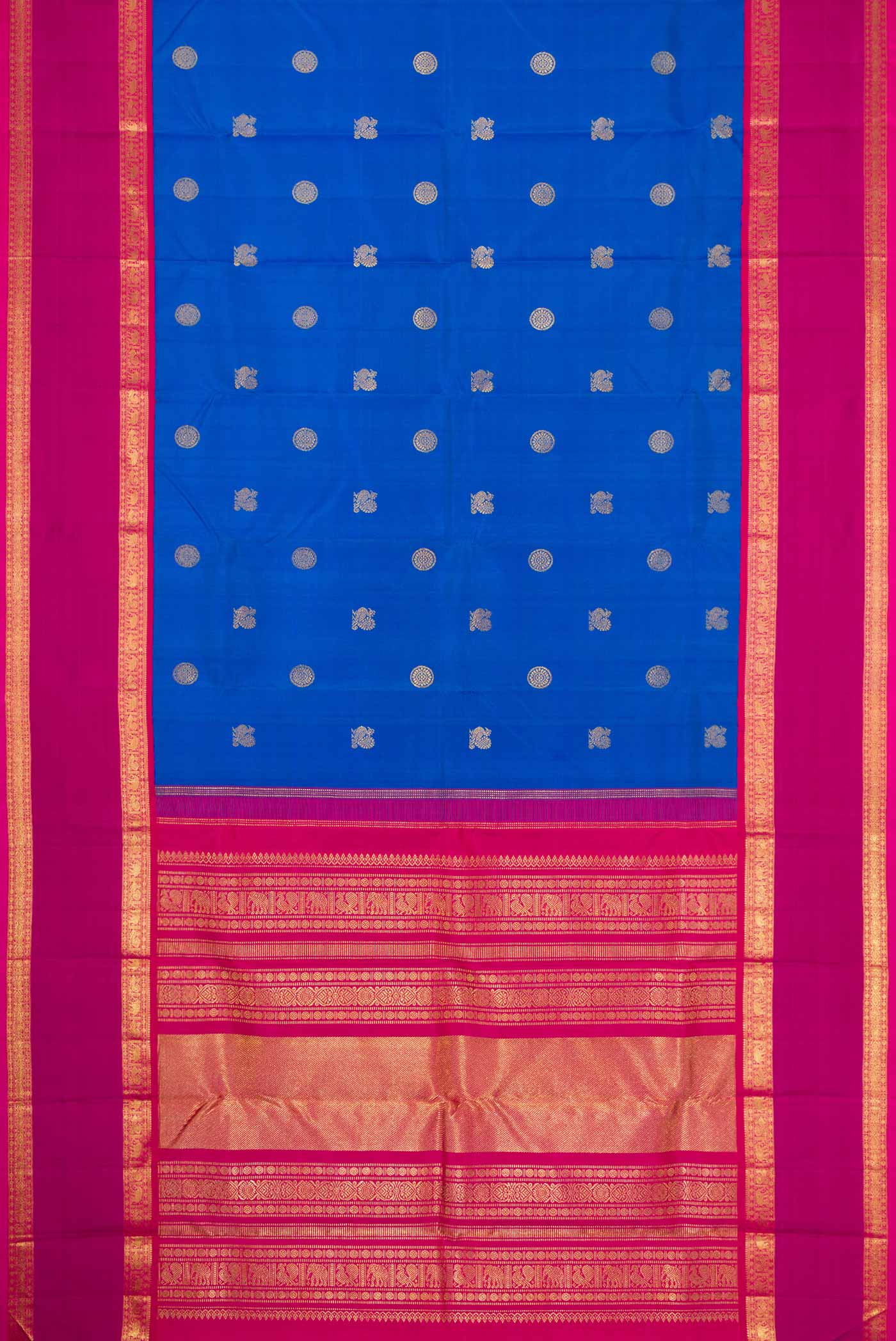 Flat view of Pure Silk Pure Zari Royal Blue Dual Tone Kanjivaram Saree with Zari Butta on the body and Zari Border. 
