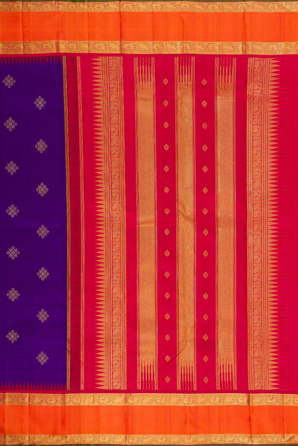 Close up image of the pallu of Pure Silk Pure Zari Royal Blue Dual Tone Kanjivaram Saree with Zari Butta on the body and Zari Border. 