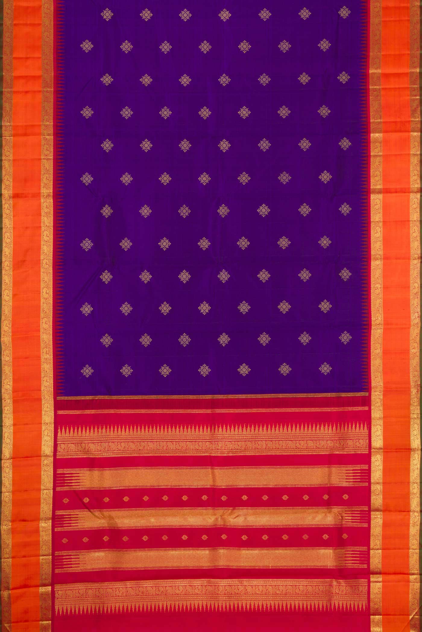 Flat view of Pure Silk Pure Zari Royal Blue Dual Tone Kanjivaram Saree with Zari Butta on the body and Zari Border. 