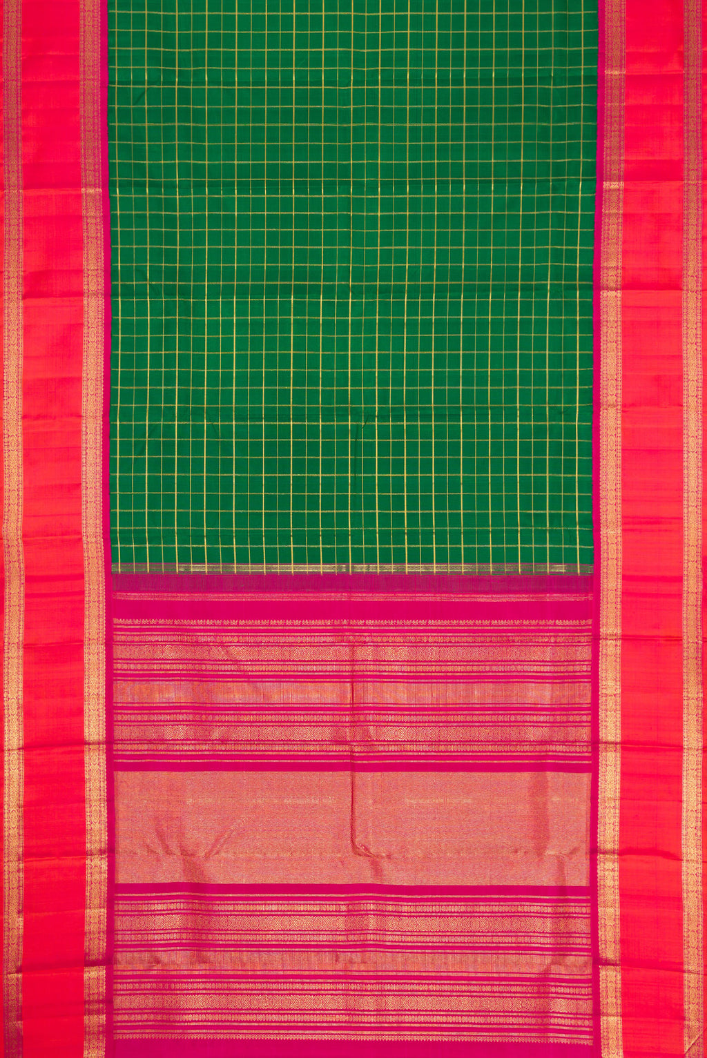 Flat view of Pure Silk Pure Zari Bottle Green Dual Tone Kanjivaram Saree with Checked design on the body and Zari Border. 
