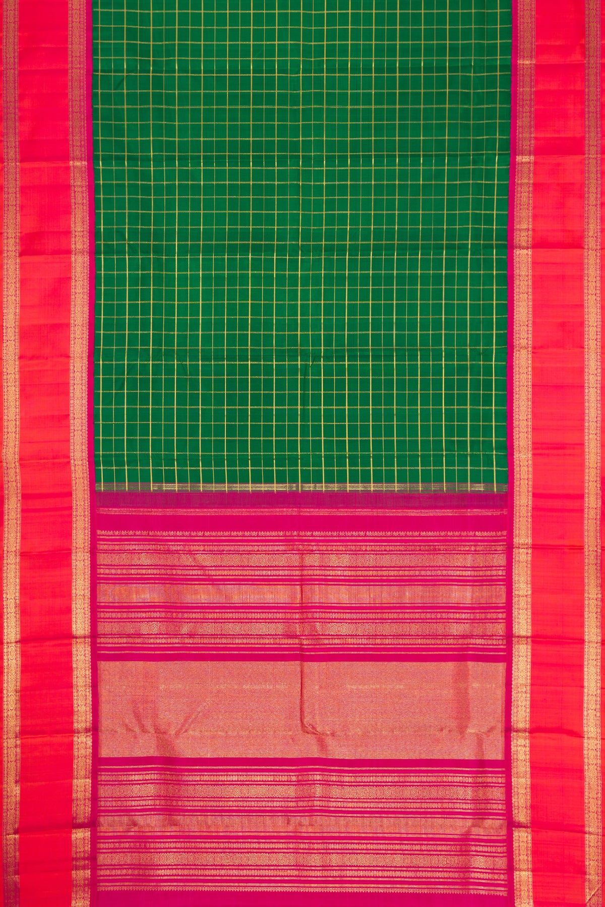 Flat view of Pure Silk Pure Zari Bottle Green Dual Tone Kanjivaram Saree with Checked design on the body and Zari Border. 