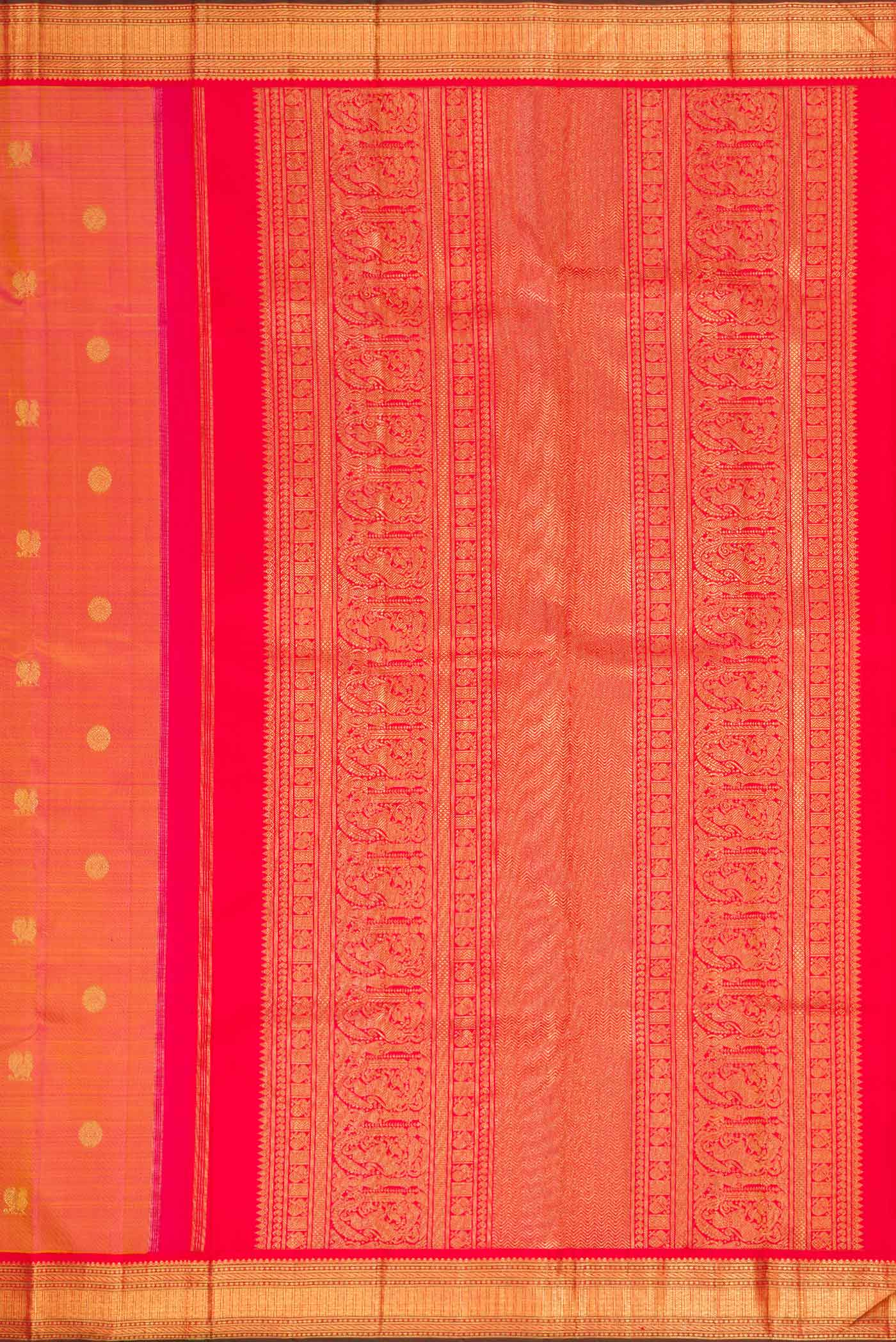 Close up image of the pallu of Pure Silk Pure Zari Rose Gold Dual Tone Kanjivaram Saree with Zari Butta on the body and Zari Border. 