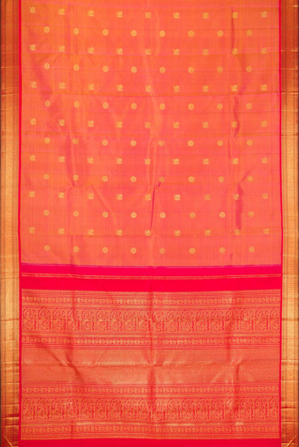 Flat view of Pure Silk Pure Zari Rose Gold Dual Tone Kanjivaram Saree with Zari Butta on the body and Zari Border. 