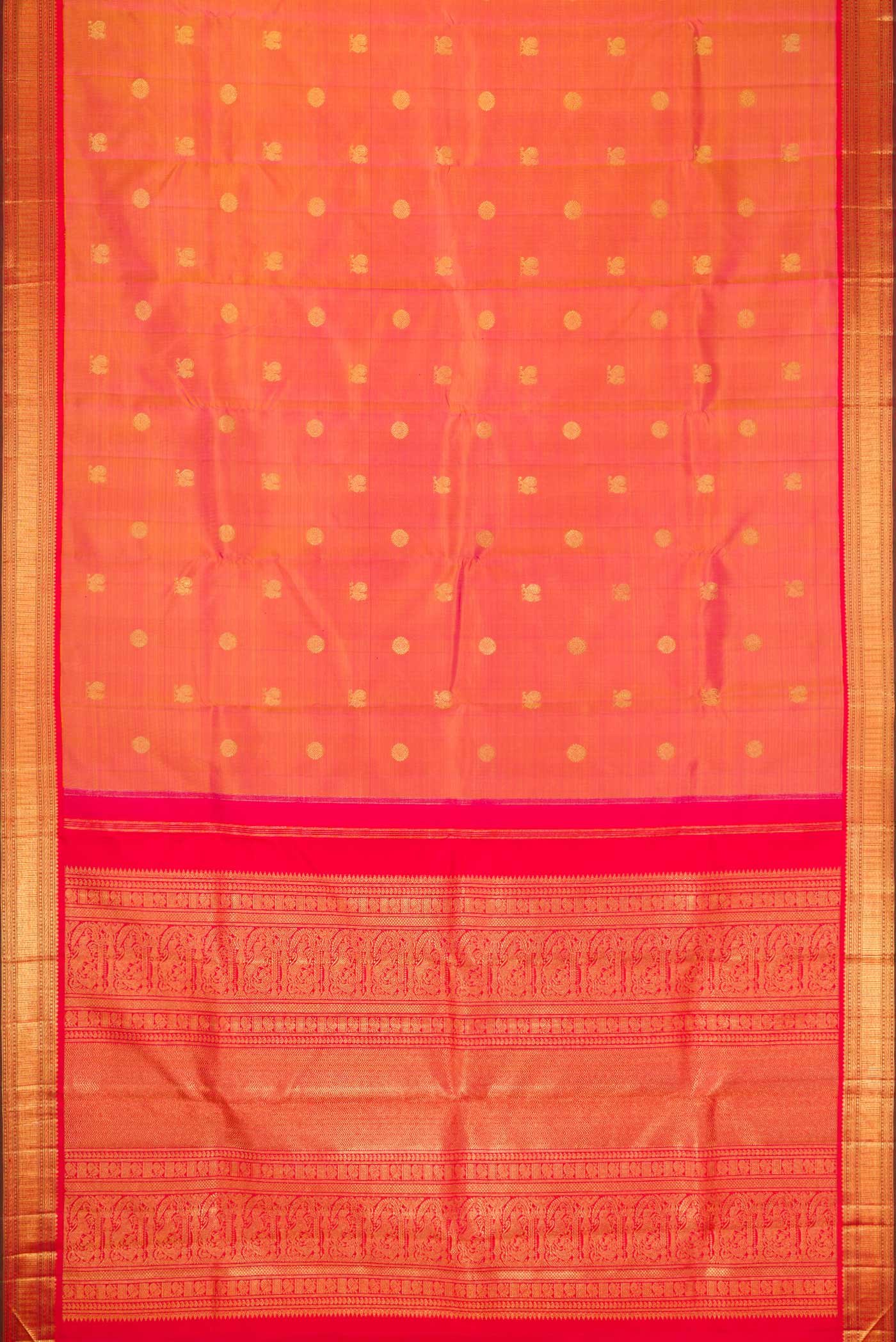 Flat view of Pure Silk Pure Zari Rose Gold Dual Tone Kanjivaram Saree with Zari Butta on the body and Zari Border. 