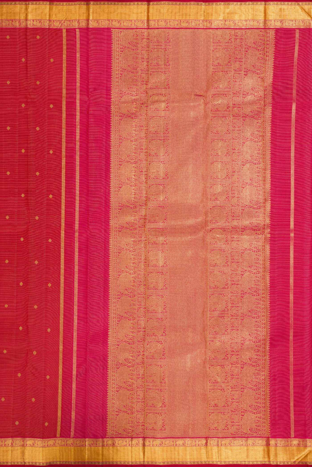 Close up image of the pallu of Pure Silk Pure Zari Maroon Dual Tone Kanchipuram Saree with Zari Butta on the body and Zari Border
