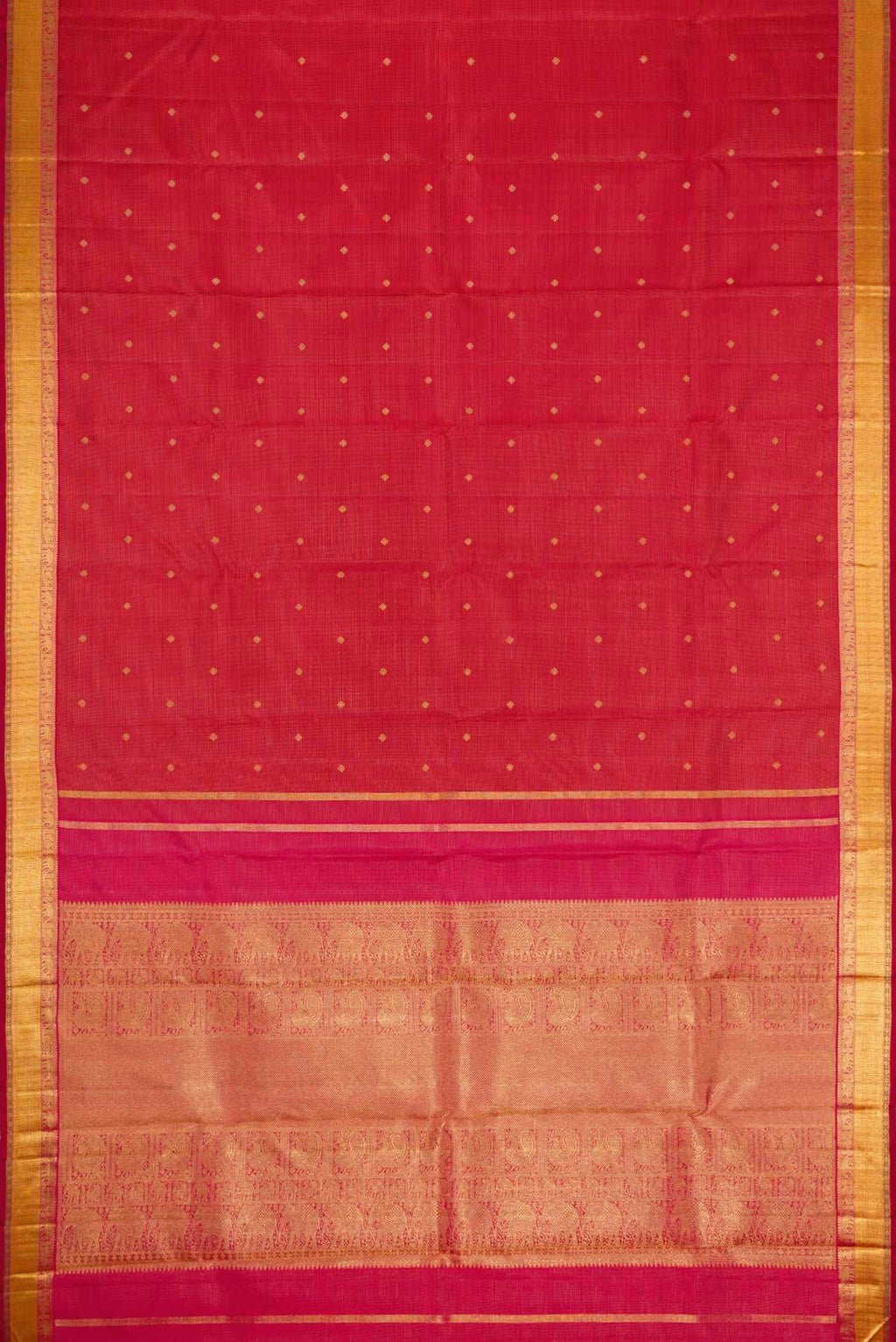 Flat view of Pure Silk Pure Zari Maroon Dual Tone Kanchipuram Saree with Zari Butta on the body and Zari Border