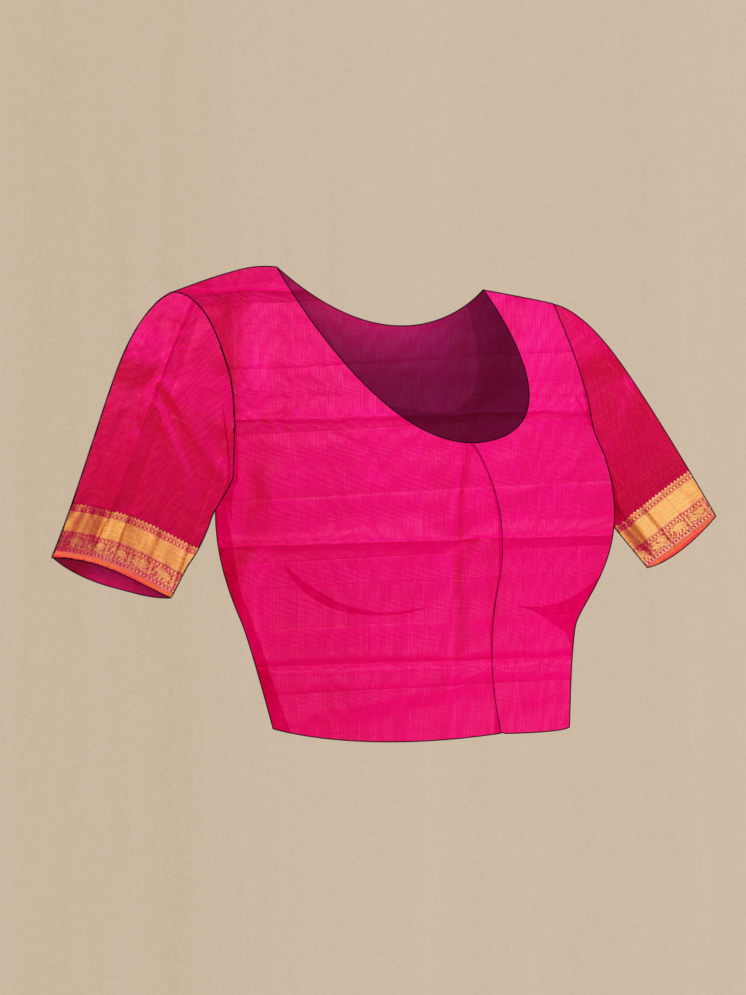 Close up image of the blouse of Coral Dual Tone Kanjivaram Silk Saree with Zari Butta on the body and Zari Border. 