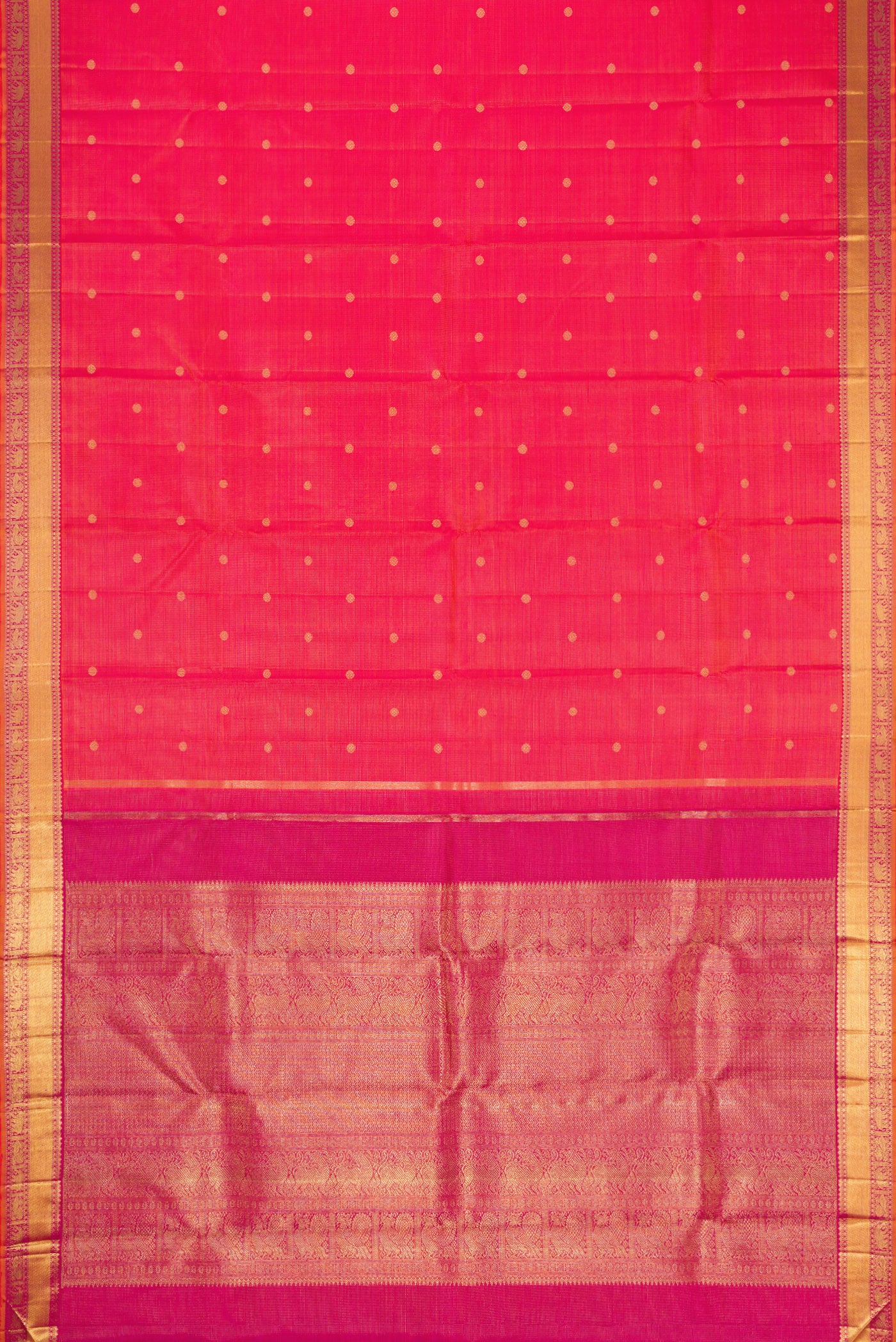 Flat view of Coral Dual Tone Kanjivaram Silk Saree with Zari Butta on the body and Zari Border. 