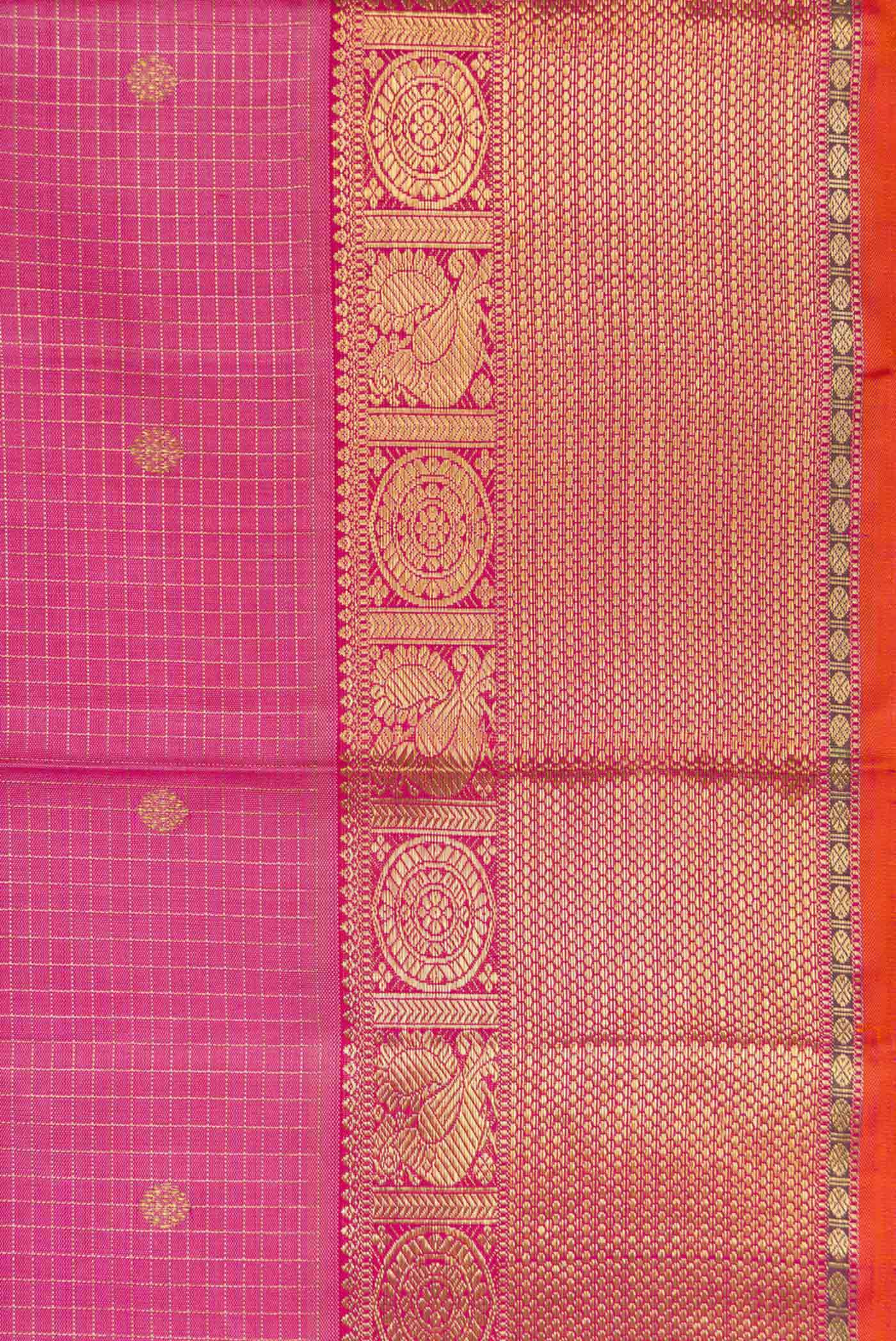 Border image of Pure Silk Pure Zari Pink Dual Tone Kanjivaram Saree with Checked design on the body and Zari Border. 
