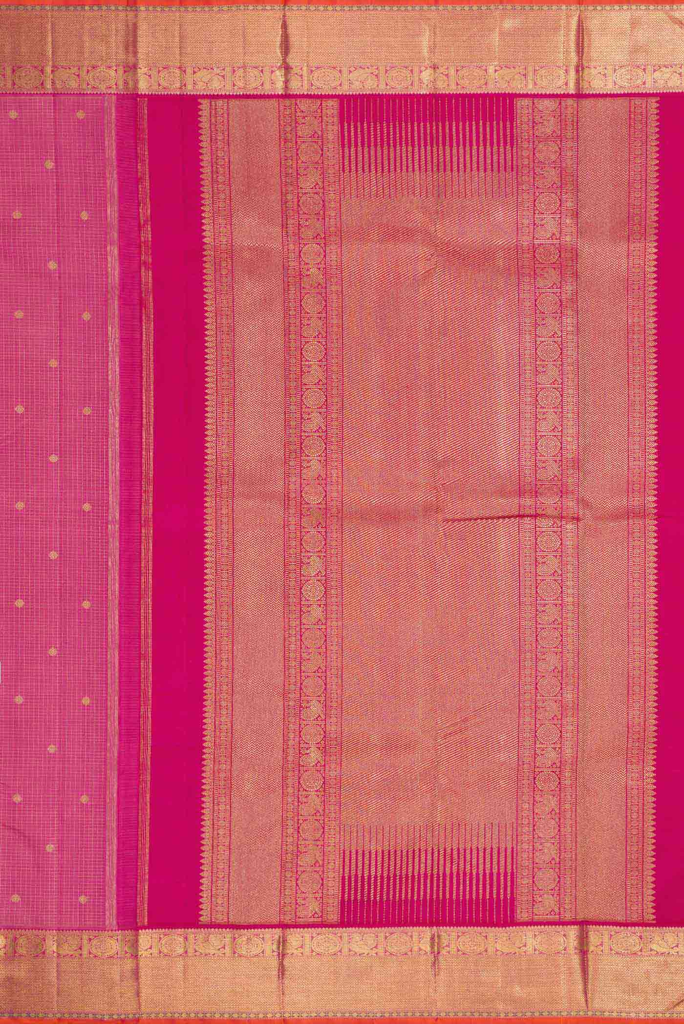 Close up image of the pallu of Pure Silk Pure Zari Pink Dual Tone Kanjivaram Saree with Checked design on the body and Zari Border. 
