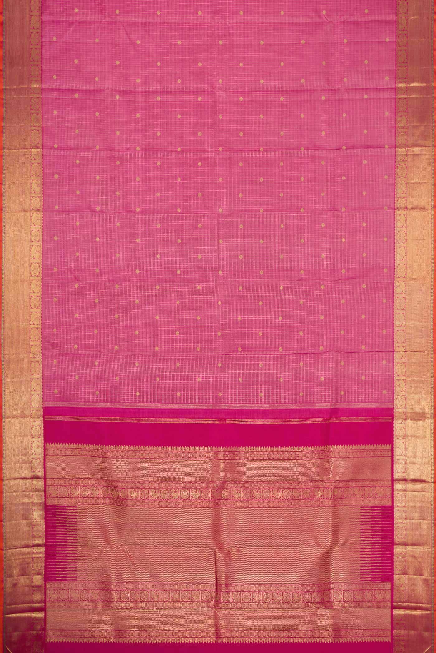 Flat view of Pure Silk Pure Zari Pink Dual Tone Kanjivaram Saree with Checked design on the body and Zari Border. 