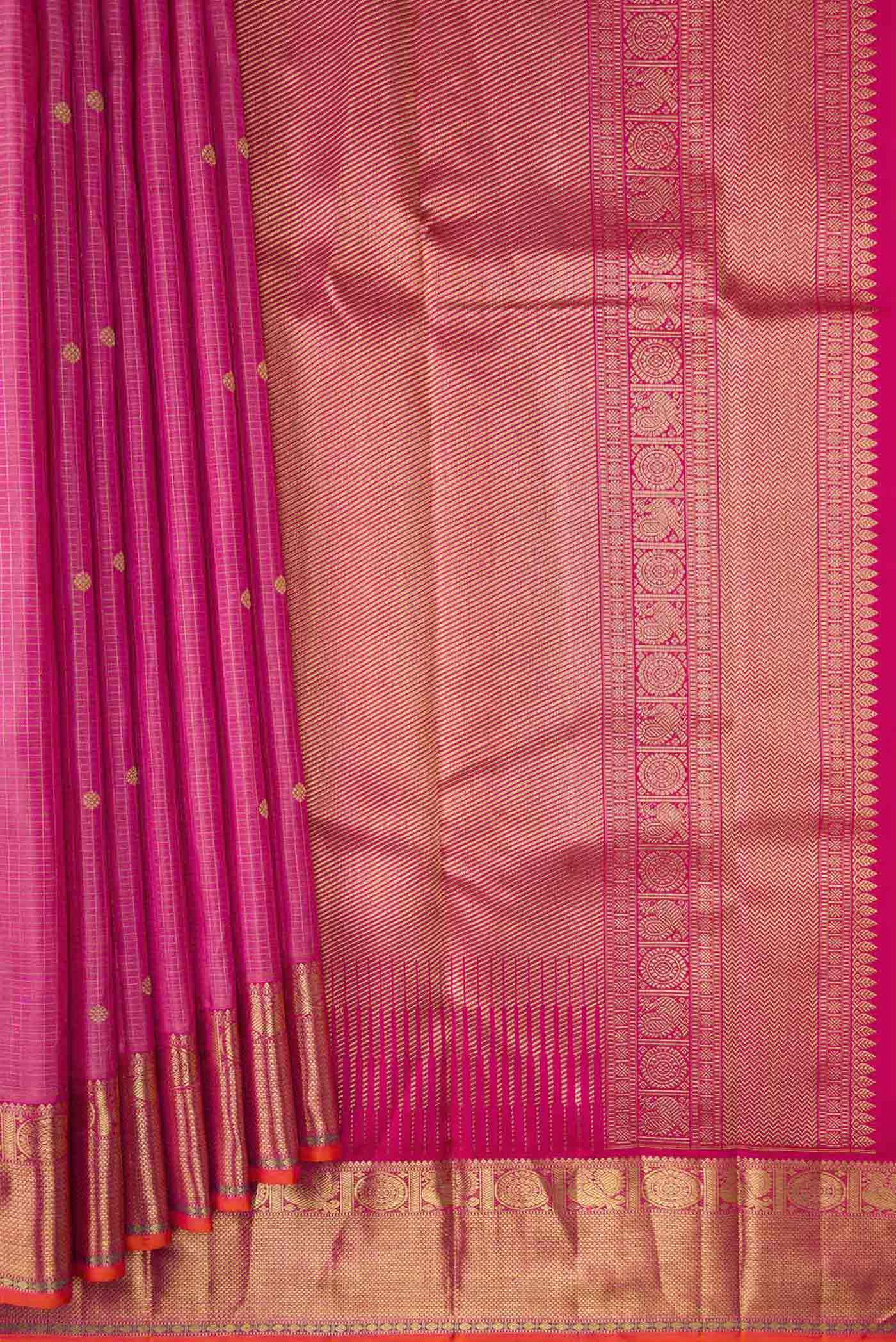 Pleats and pallu of Pure Silk Pure Zari Pink Dual Tone Kanjivaram Saree with Checked design on the body and Zari Border. 