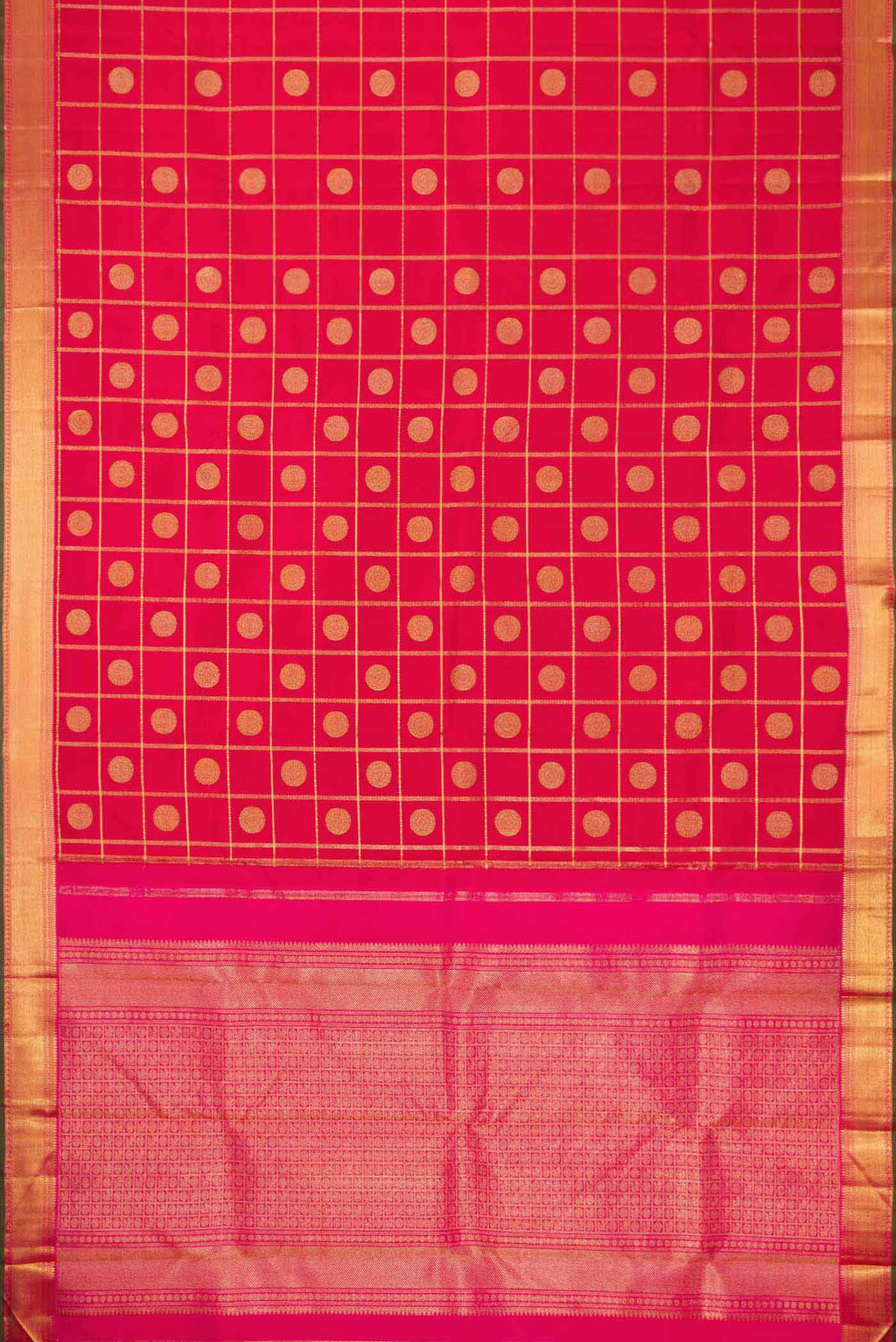 Flat view of Pure Silk Pure Zari Red Dual Tone Kanjivaram Saree with Checked design on the body and Zari Border. 
