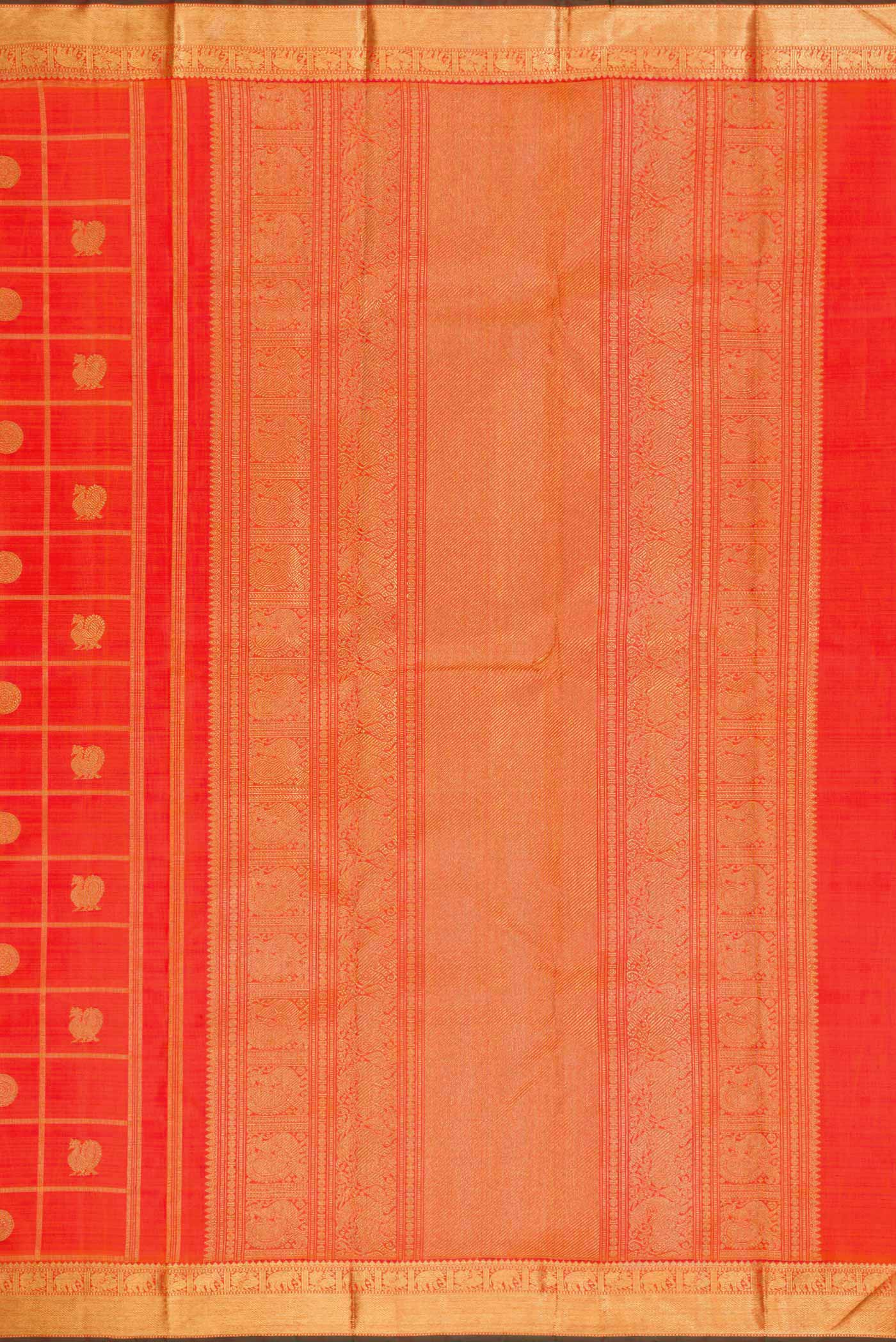 Close up image of the pallu of Pure Silk Pure Zari Orange Dual Tone Kanjivaram Saree with Zari Butta on the body and Zari Border. 