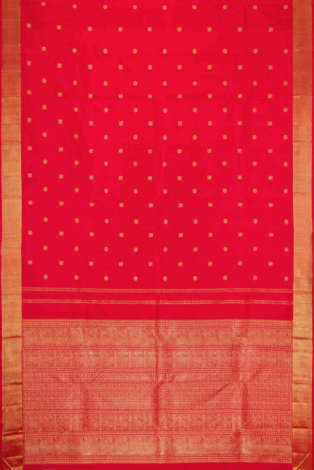 Flat view of Pure Silk Pure Zari Red Dual Tone Kanchipuram Saree with Zari Butta on the body and Zari Border. 