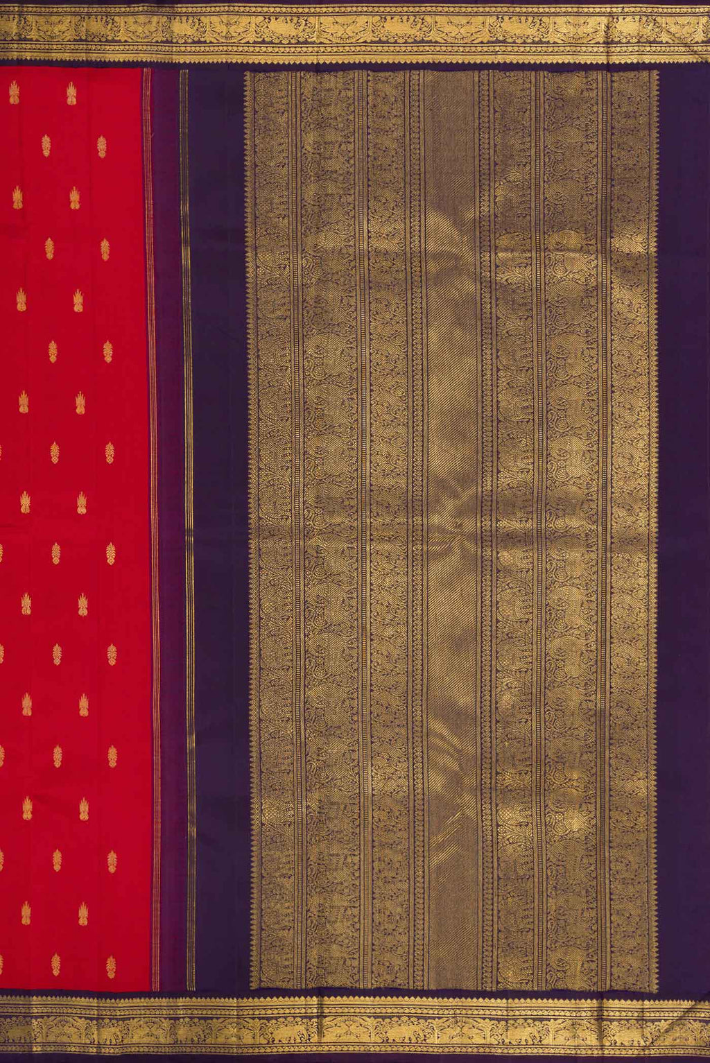 Close up image of the pallu of Pure Silk Pure Zari Red Dual Tone Kanchipuram Saree with Zari Butta on the body and Zari Border