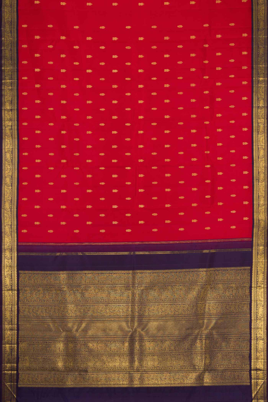Flat view of Pure Silk Pure Zari Red Dual Tone Kanchipuram Saree with Zari Butta on the body and Zari Border