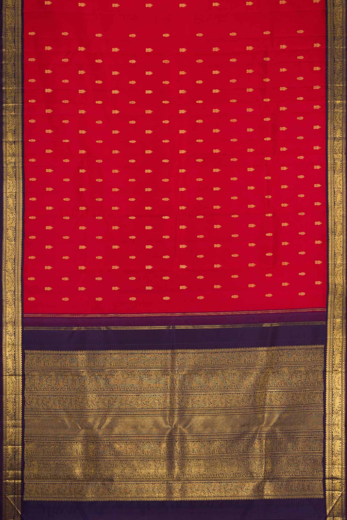 Flat view of Pure Silk Pure Zari Red Dual Tone Kanchipuram Saree with Zari Butta on the body and Zari Border