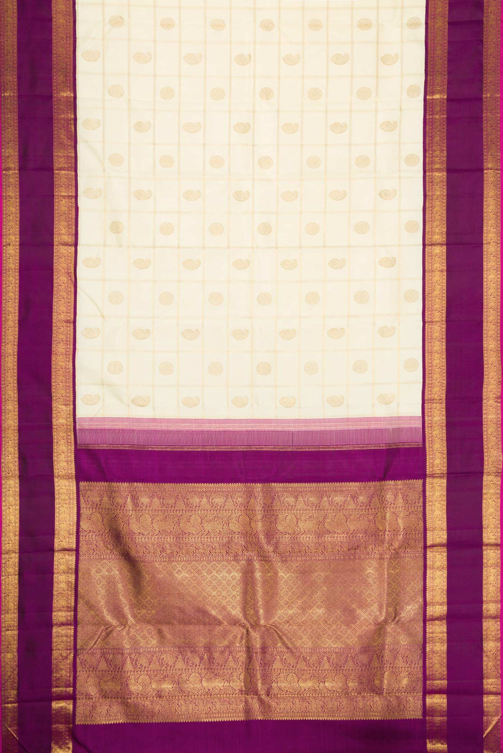 Flat view of Pure Silk Pure Zari Sandal Dual Tone Kanchipuram Saree with Checked design on the body and Zari Border