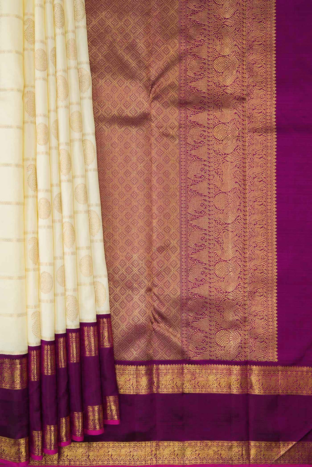 Pleats and pallu of Pure Silk Pure Zari Sandal Dual Tone Kanchipuram Saree with Checked design on the body and Zari Border