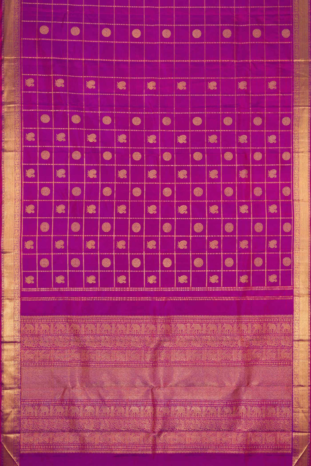Flat view of Pure Silk Pure Zari Purple Dual Tone Kanchipuram Saree with Checked design on the body and Zari Border