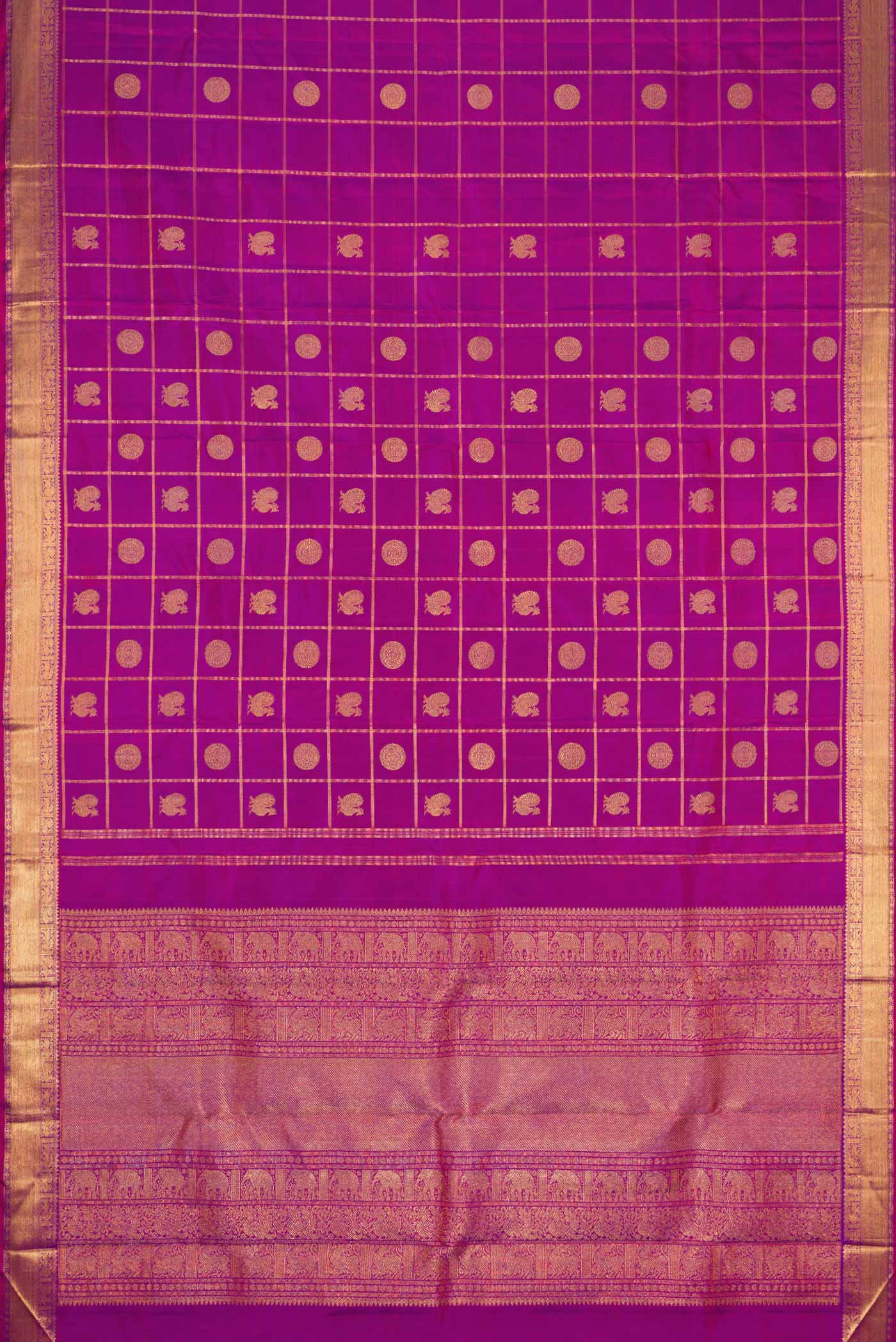 Flat view of Pure Silk Pure Zari Purple Dual Tone Kanchipuram Saree with Checked design on the body and Zari Border